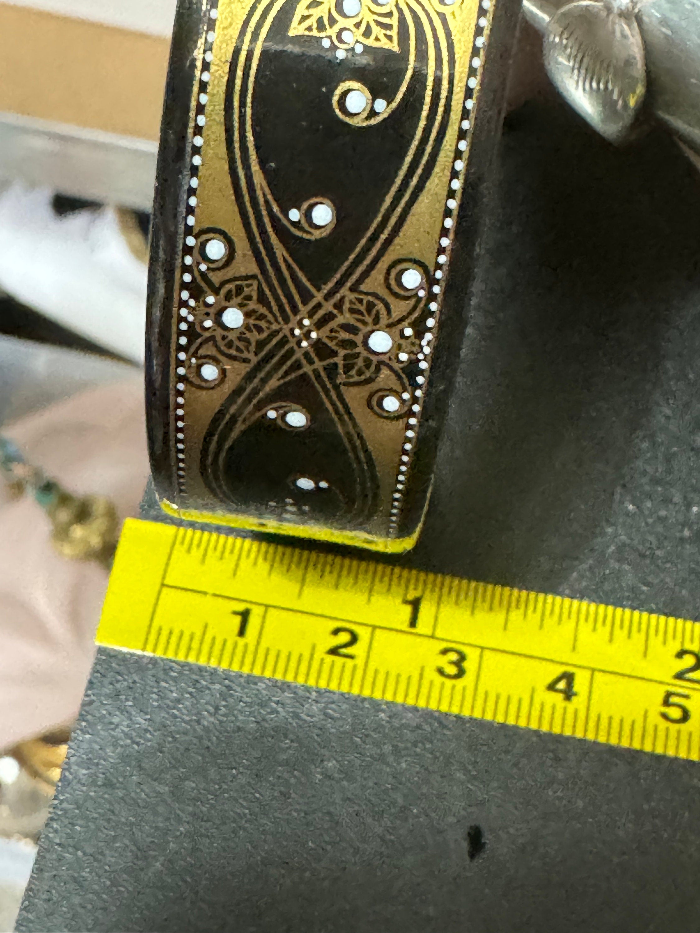 Vintage Michaela Frey black and gold enamel bangle, antique style wide from Austria