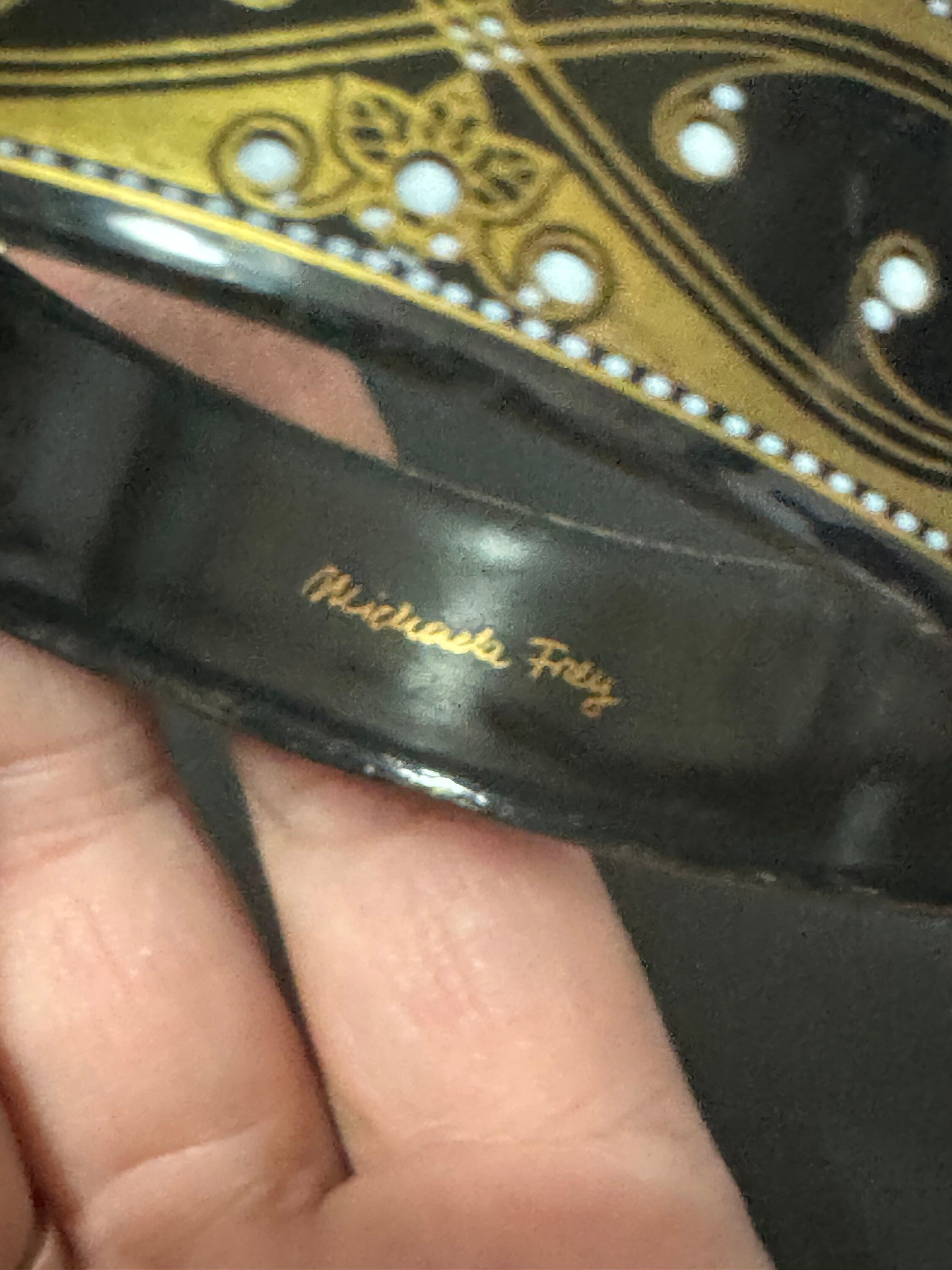 Vintage Michaela Frey black and gold enamel bangle, antique style wide from Austria