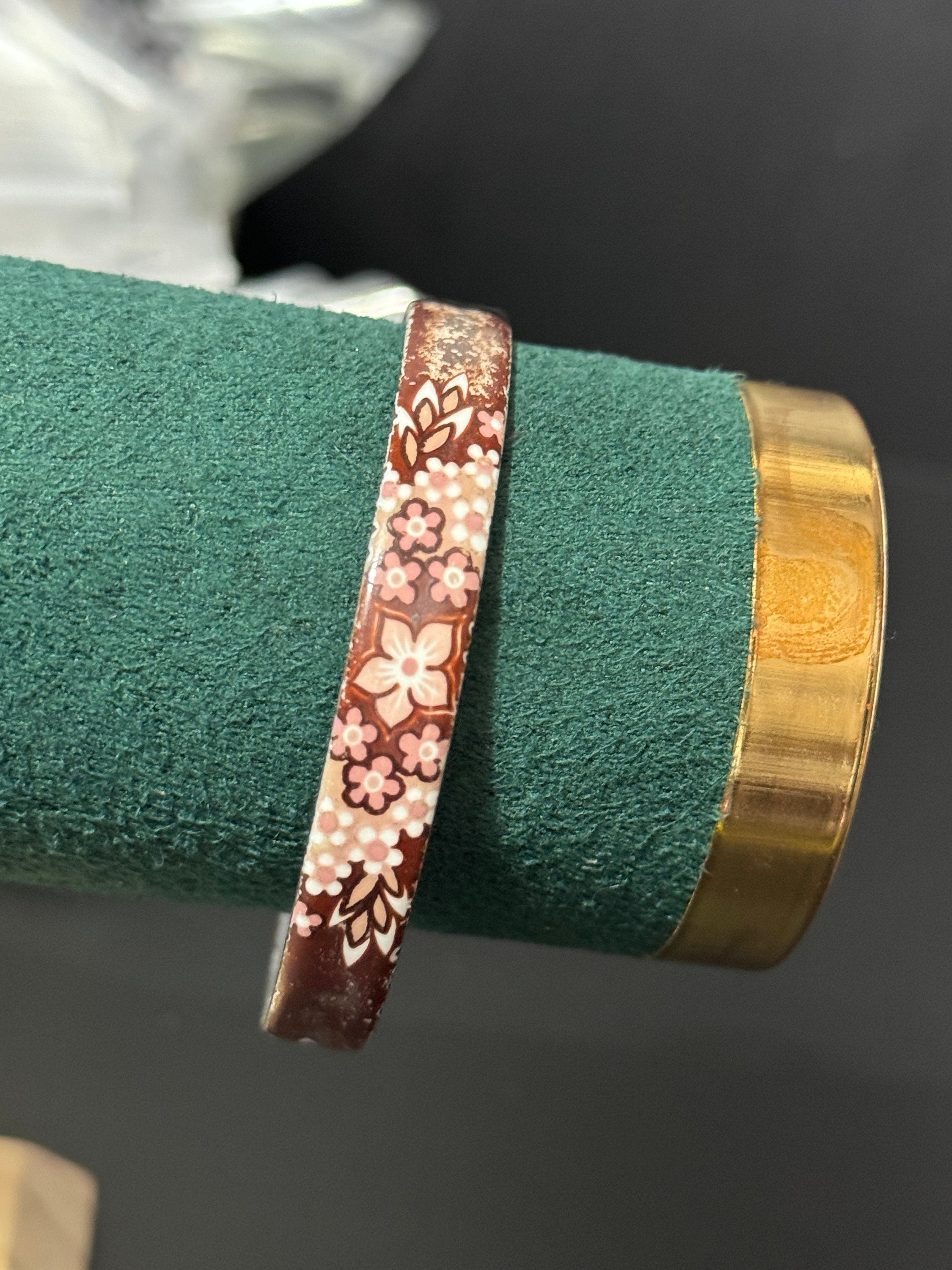 Austrian Vintage Michaela Frey brown white and gold enamel antique style floral bangle from Austria
