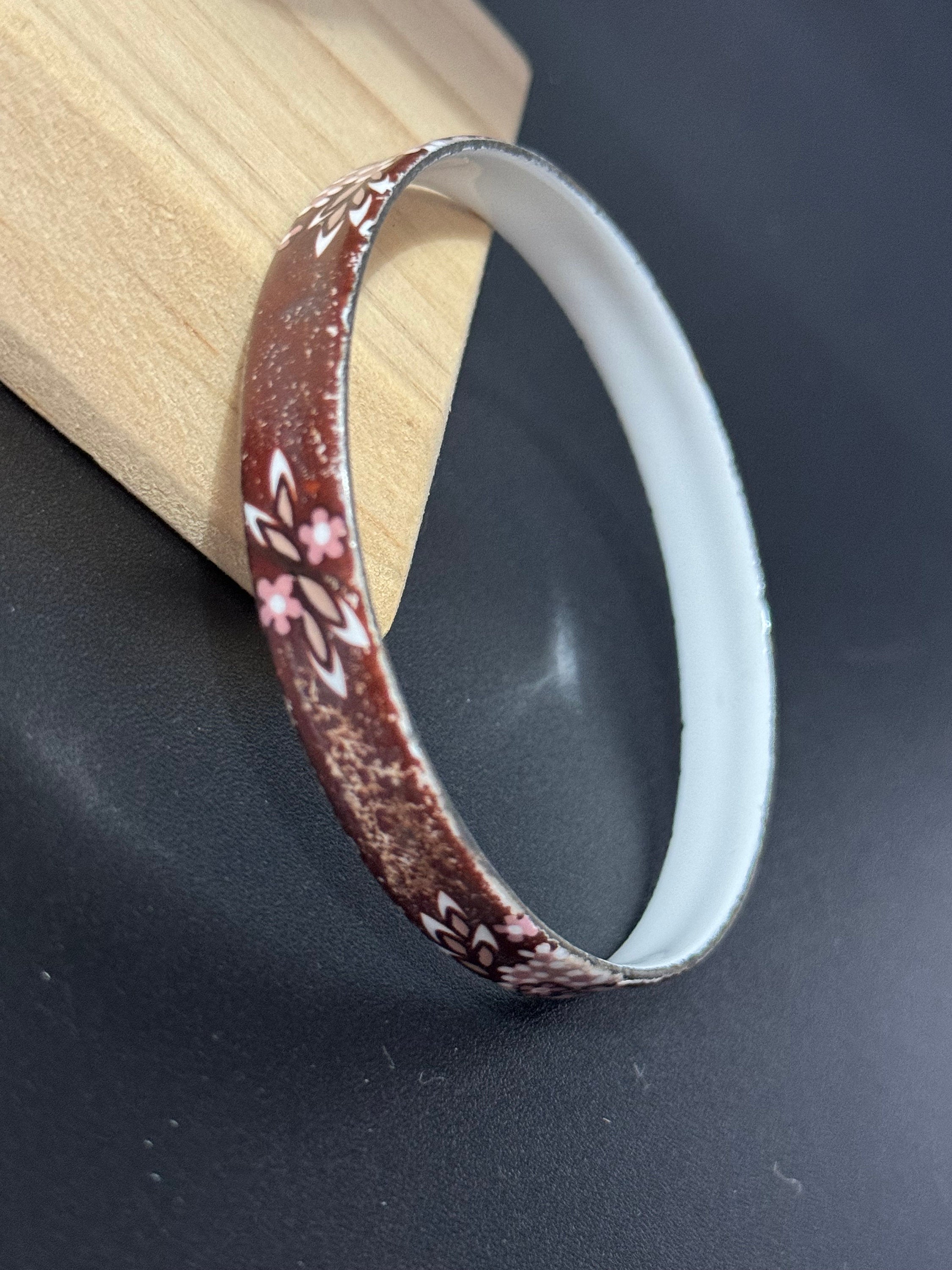 Austrian Vintage Michaela Frey brown white and gold enamel antique style floral bangle from Austria