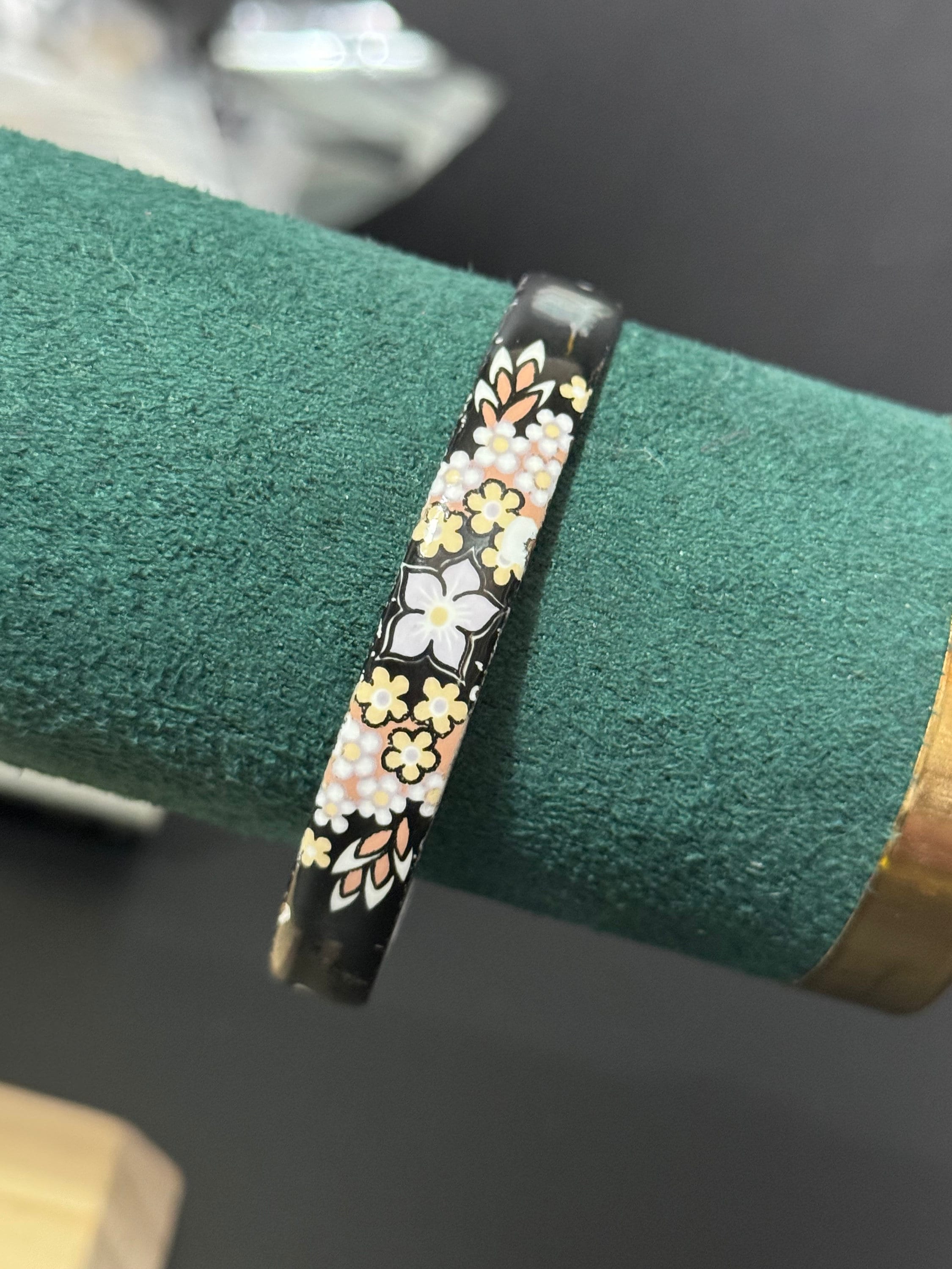 Austrian Vintage Michaela Frey black white and brown enamel antique style floral bangle from Austria