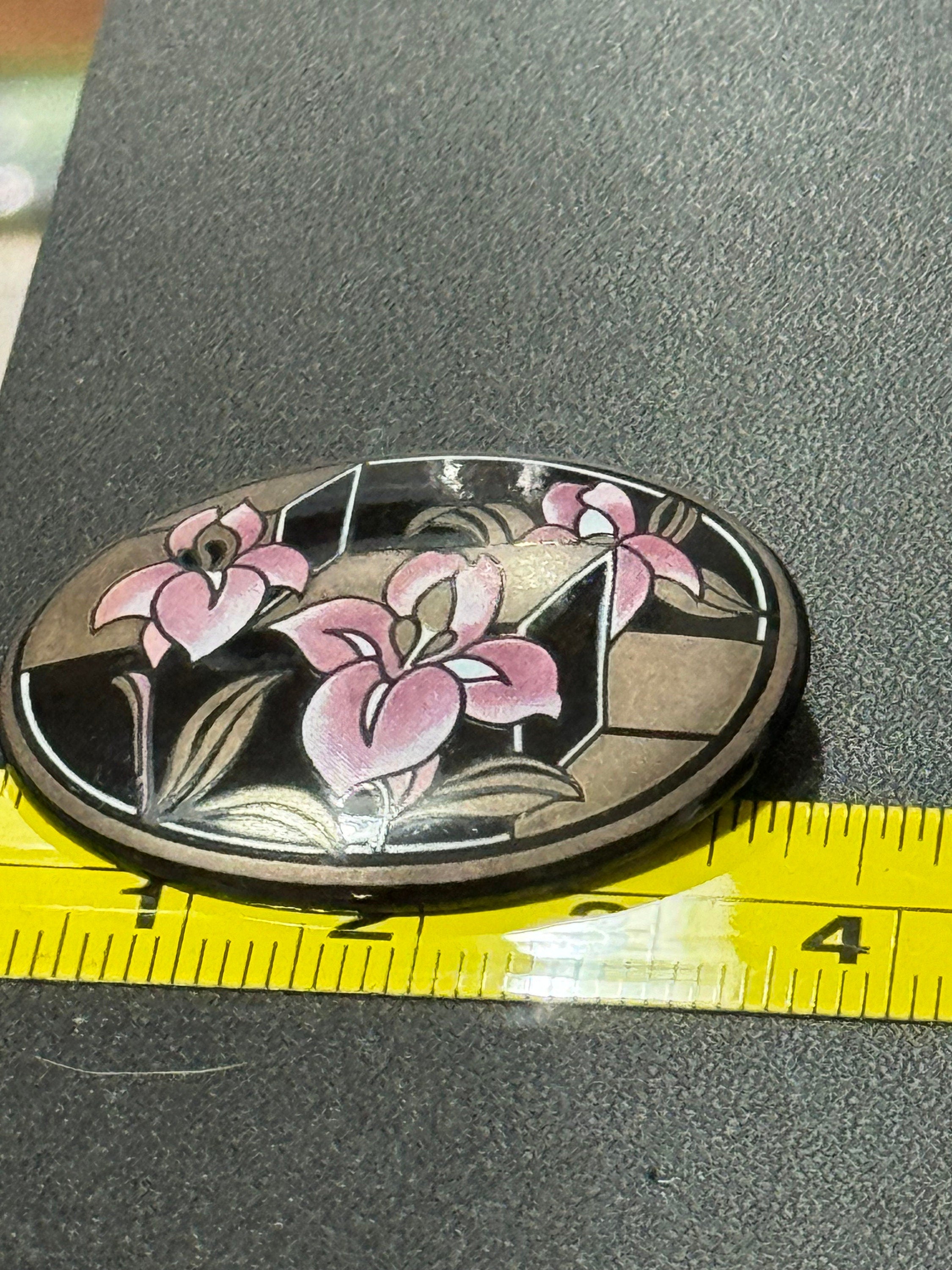 Austrian Vintage Michaela Frey black, Pink and gold enamel antique style floral brooch from Austria