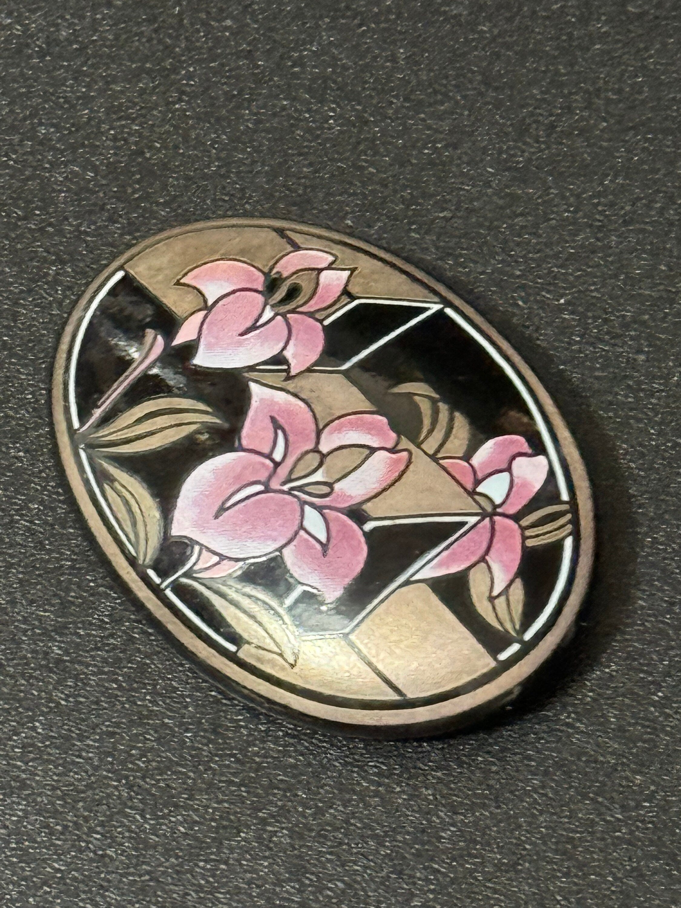 Austrian Vintage Michaela Frey black, Pink and gold enamel antique style floral brooch from Austria