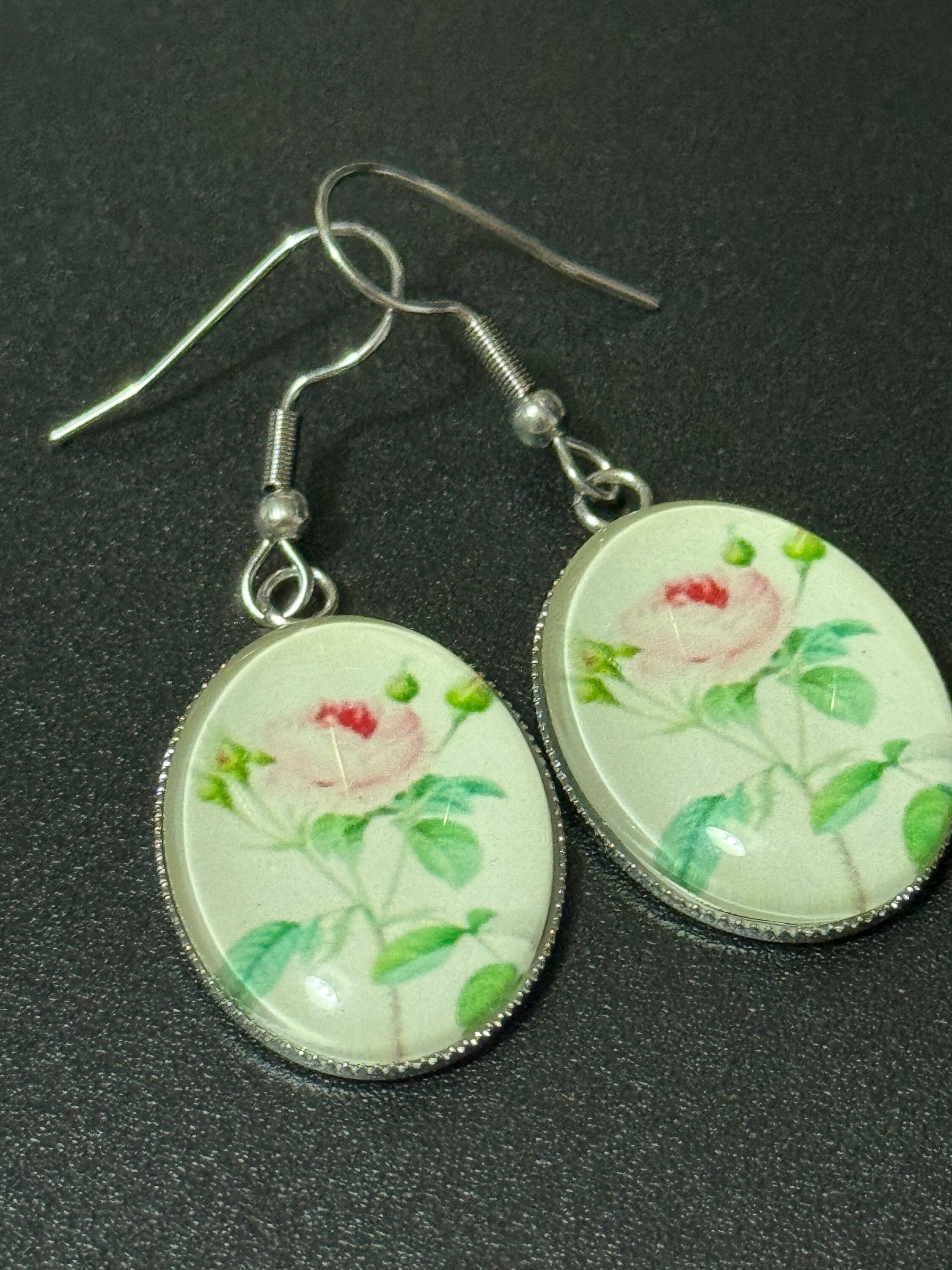 Pink Rose Earrings: Garden Flower Stainless Steel Drop Earrings