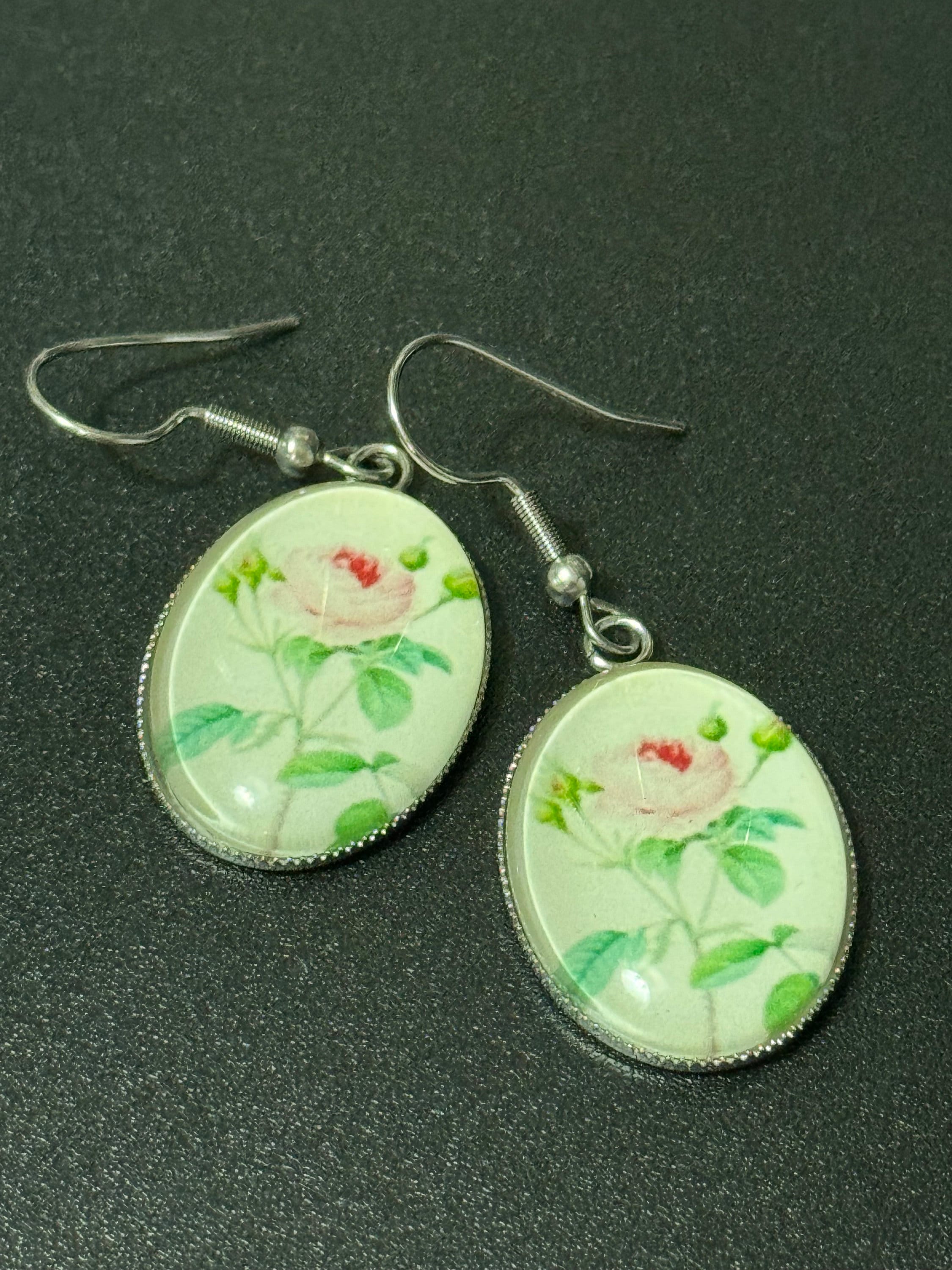 Pink Rose Earrings: Garden Flower Stainless Steel Drop Earrings