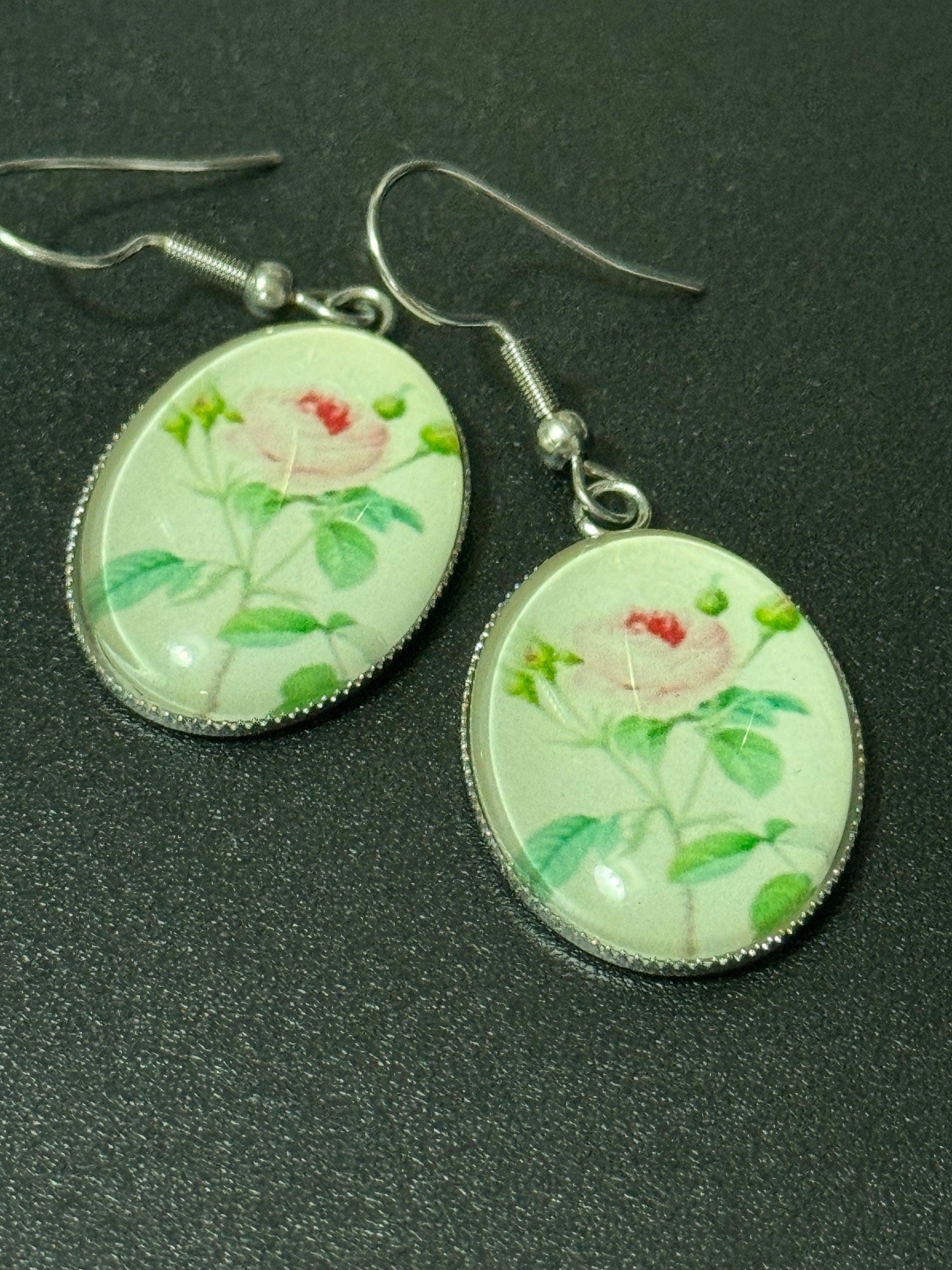 Pink Rose Earrings: Garden Flower Stainless Steel Drop Earrings