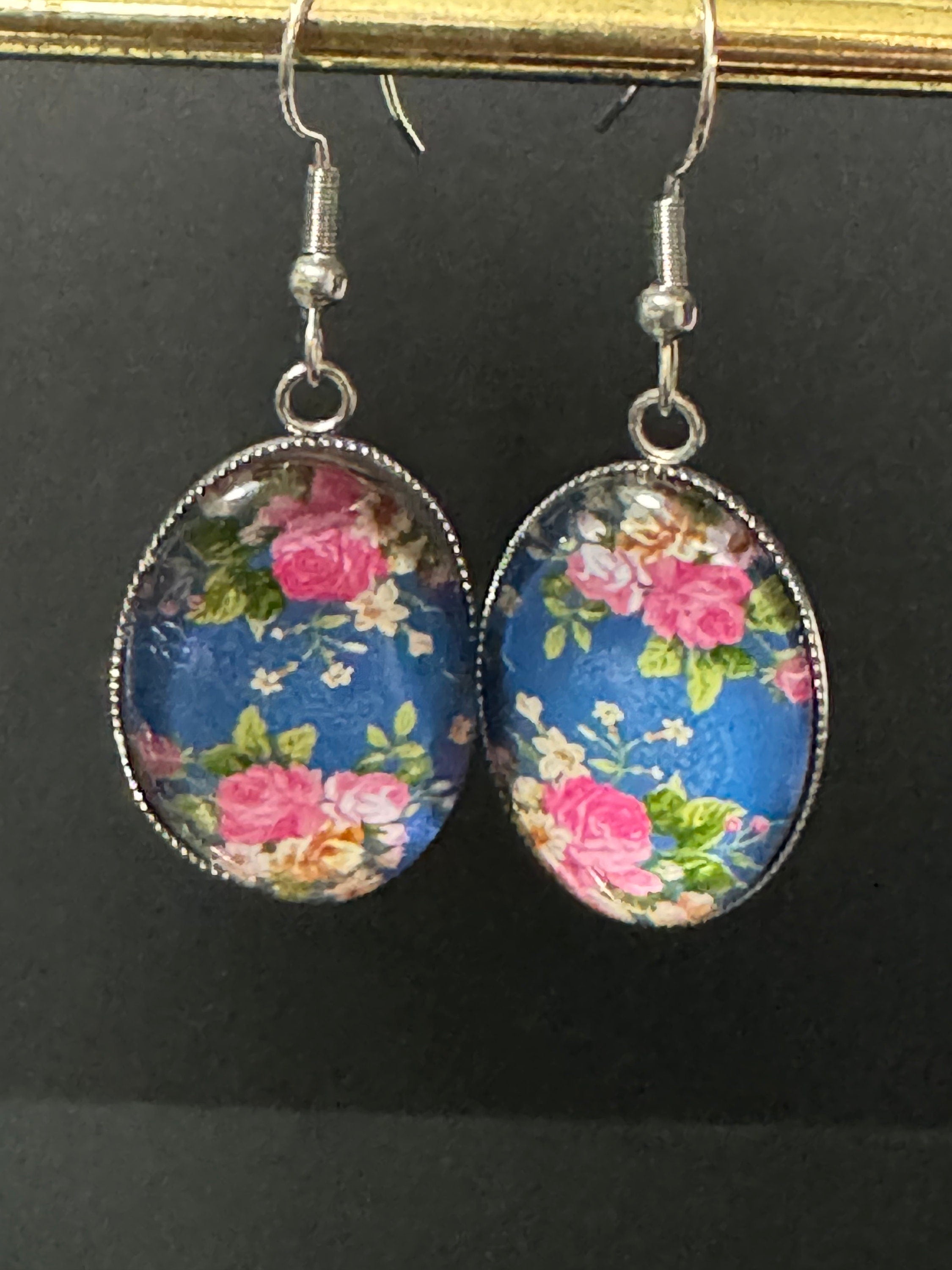 Garden flowers Blue and Pink roses oval glass cabochon pierced drop earrings non tarnish stainless steel