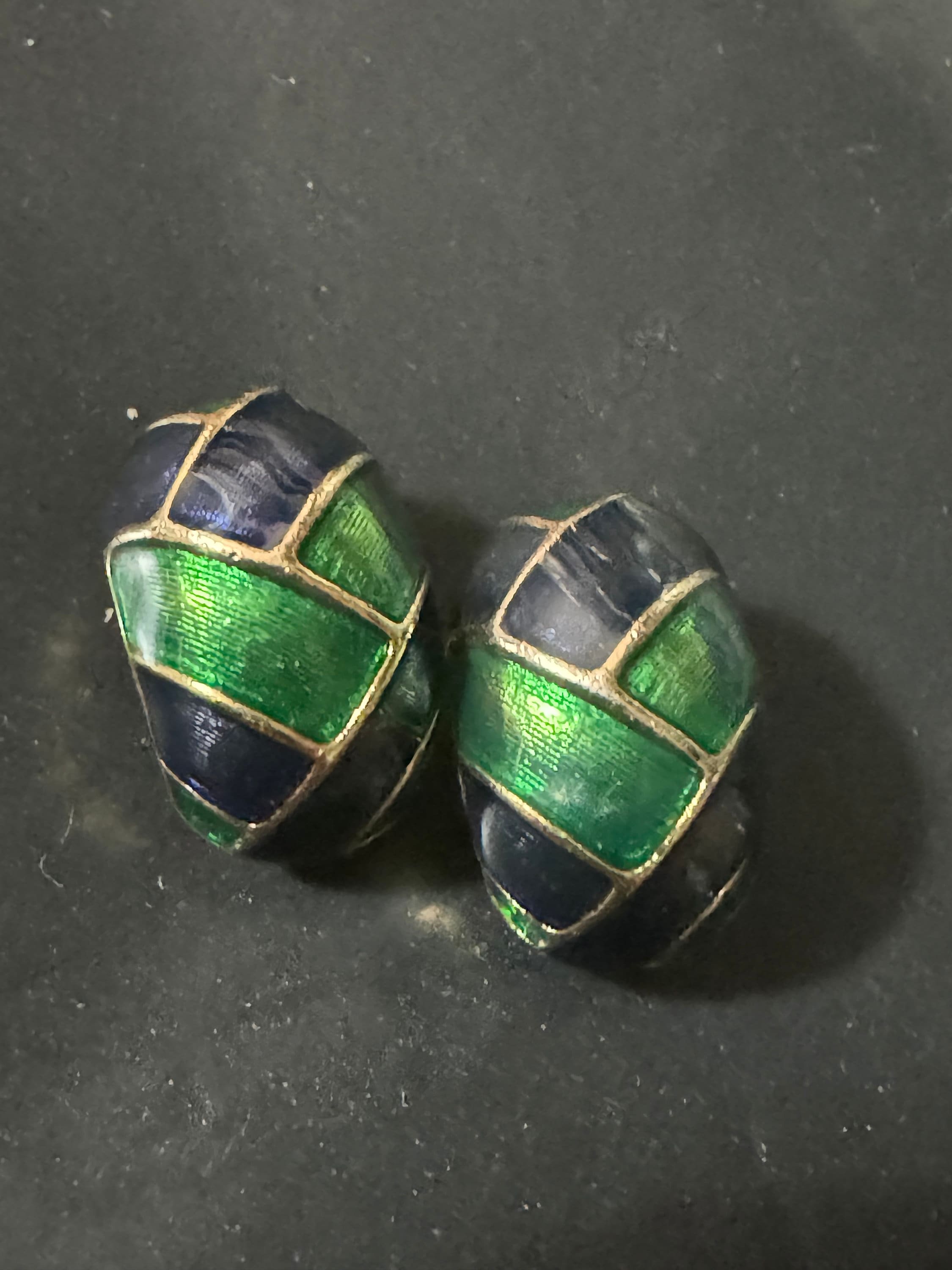 Retro gold tone green blue enamel clip on earrings