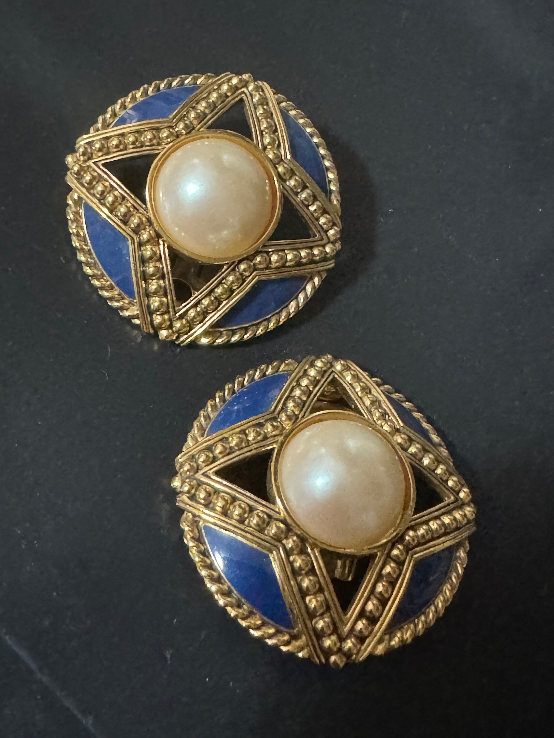 Vintage Oversized Clip On Earrings: Blue Enamel Faux Pearl Gold Tone