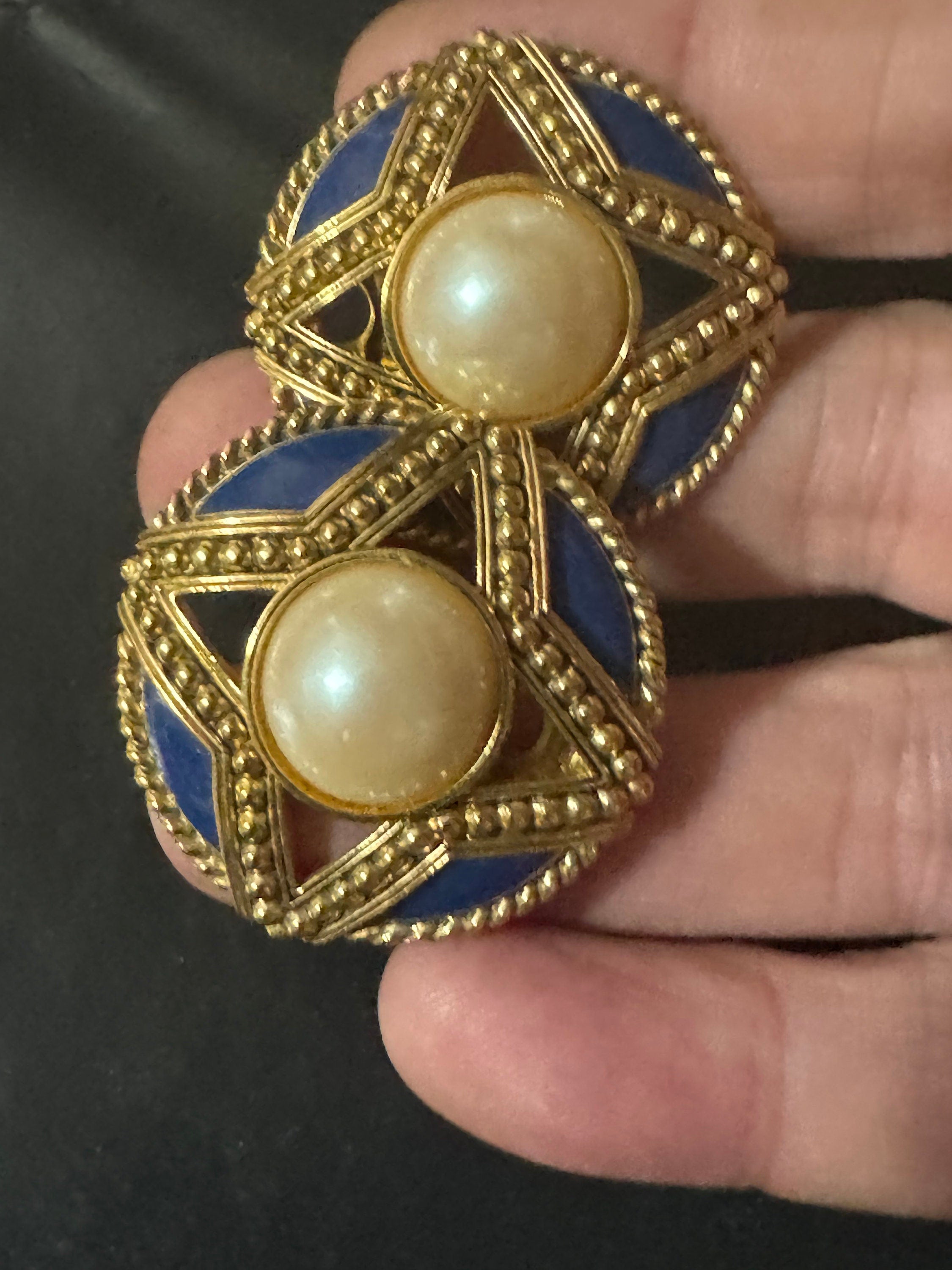 Vintage Oversized Clip On Earrings: Blue Enamel Faux Pearl Gold Tone