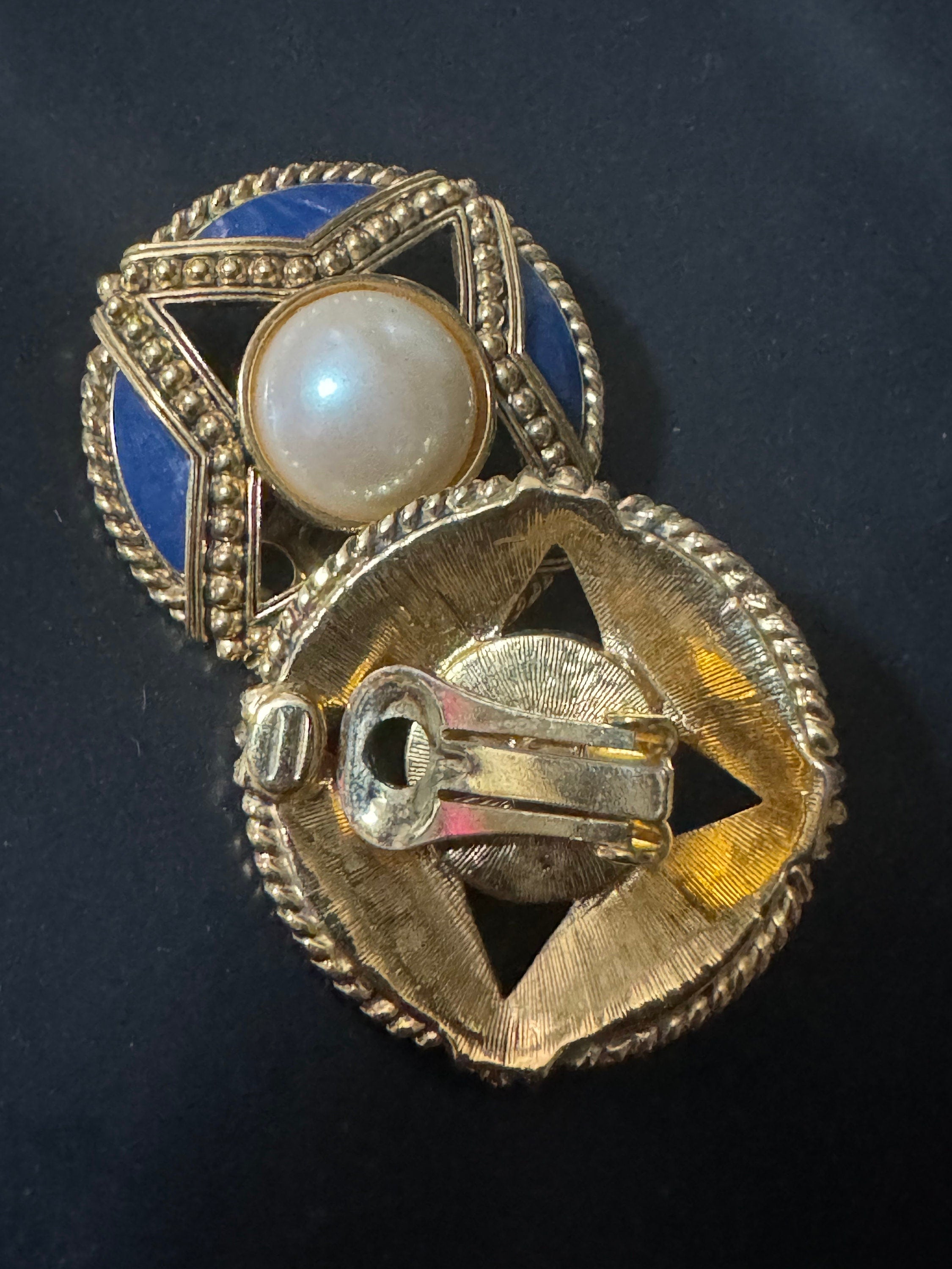 Vintage Oversized Clip On Earrings: Blue Enamel Faux Pearl Gold Tone