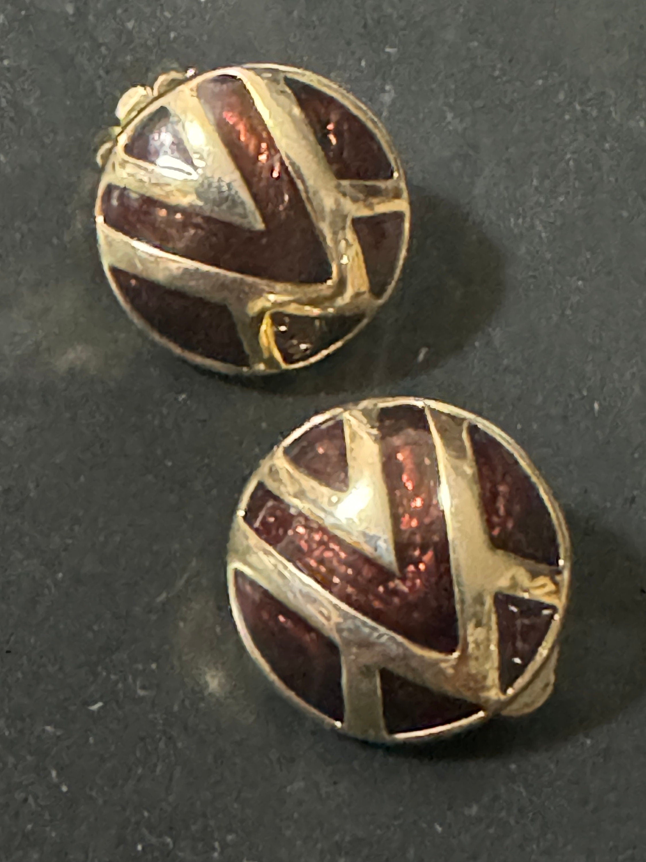 Vintage brown enamel gold tone Clip On Stud Earrings 1980s retro