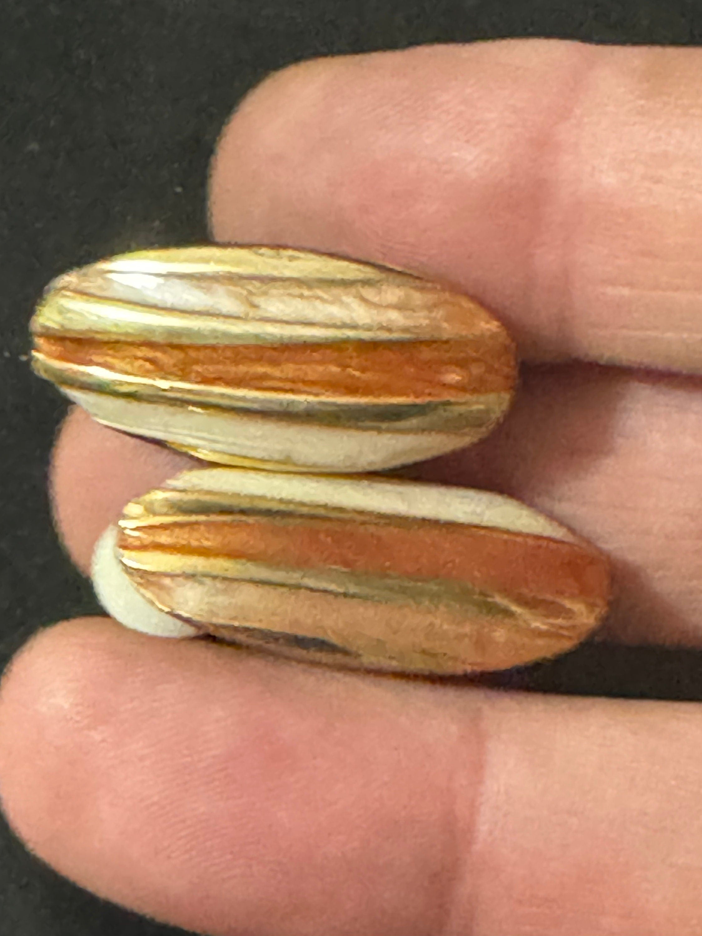Vintage High End Gold tone brown beige cream  enamel clip on earrings