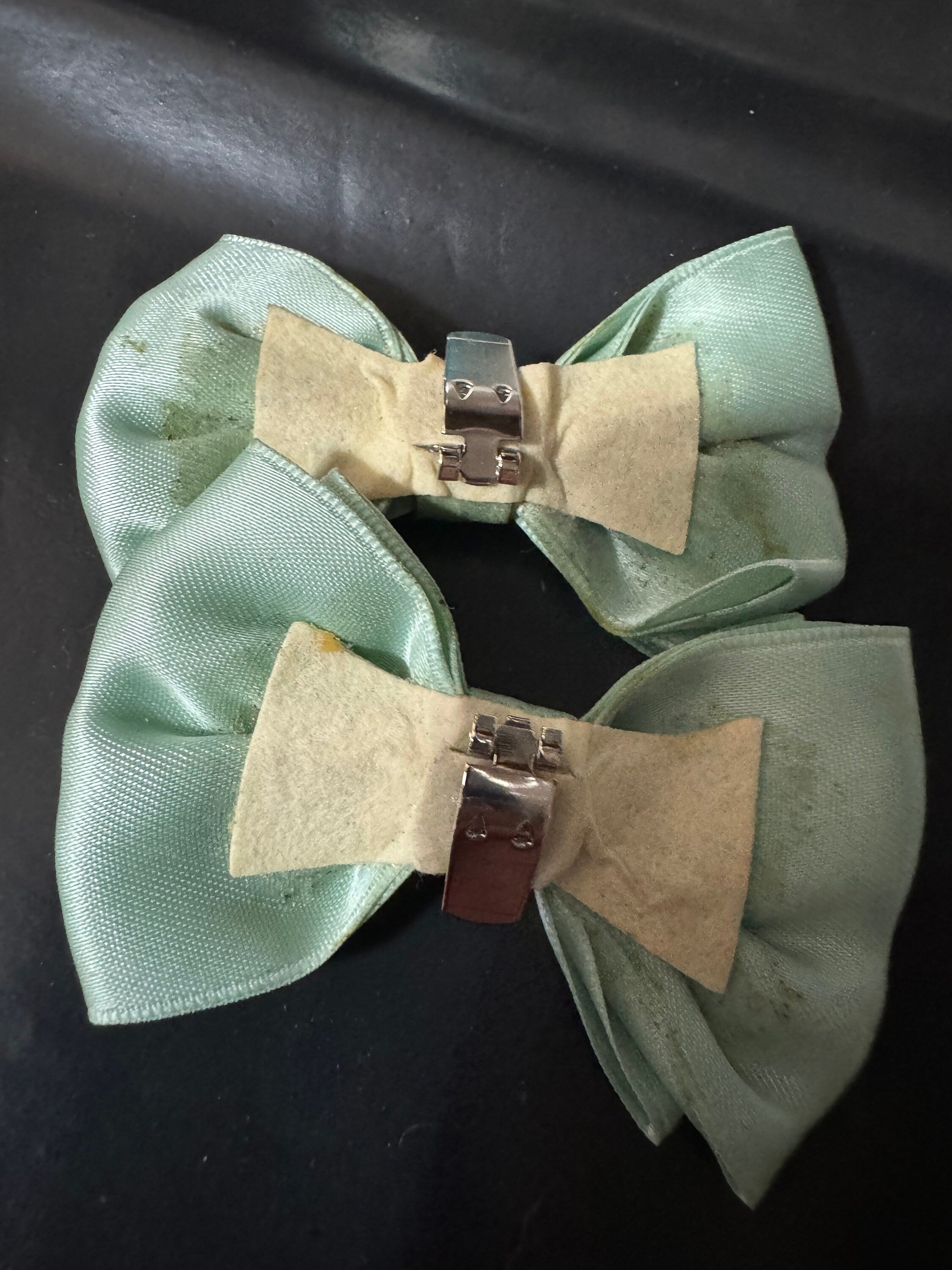 Vintage pair of light duck egg blue satin ribbon BOW shoe clips
