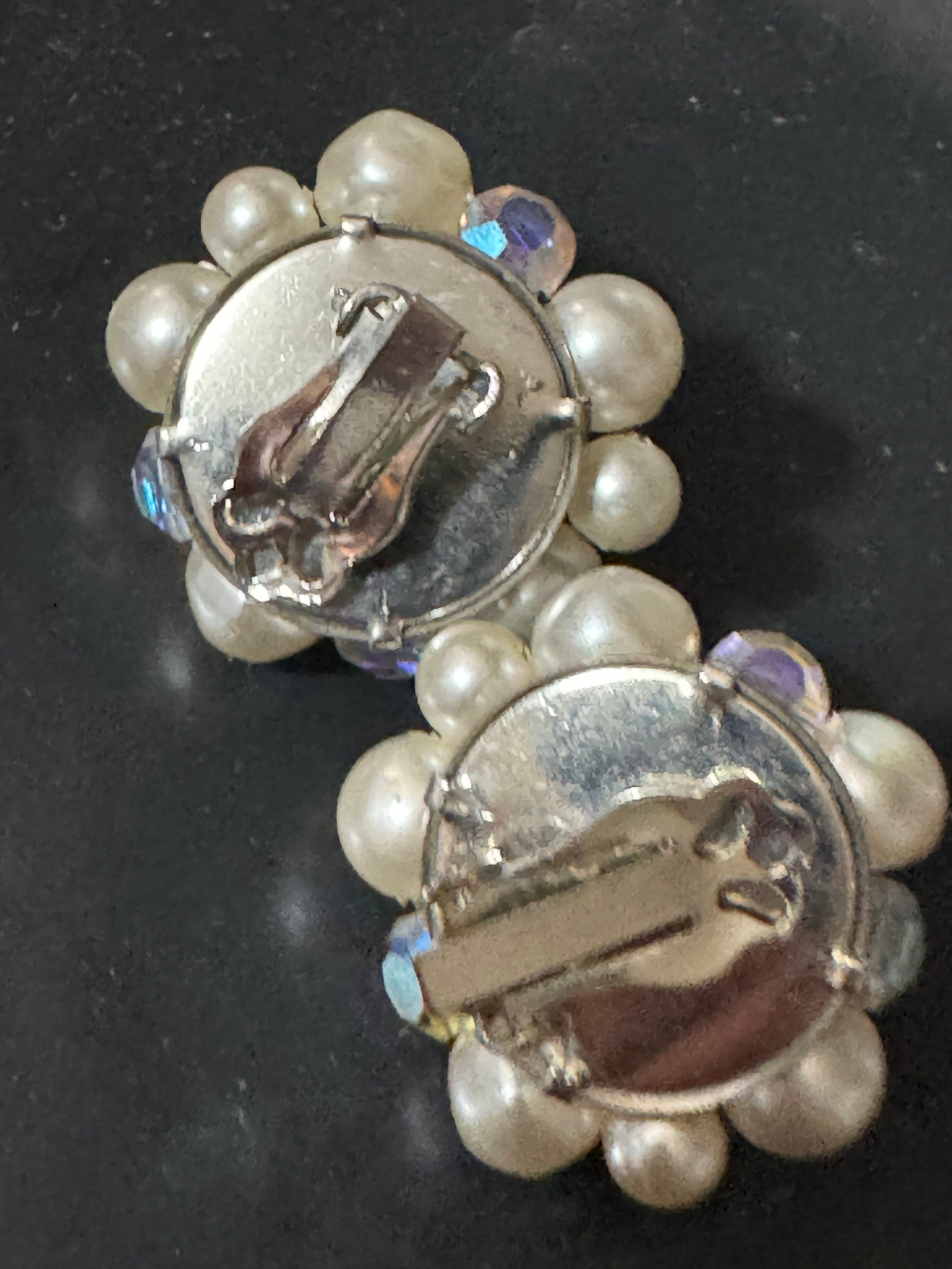 Vintage 1960s clear and white cream pearl floral glass beaded Cluster Clip On Earrings