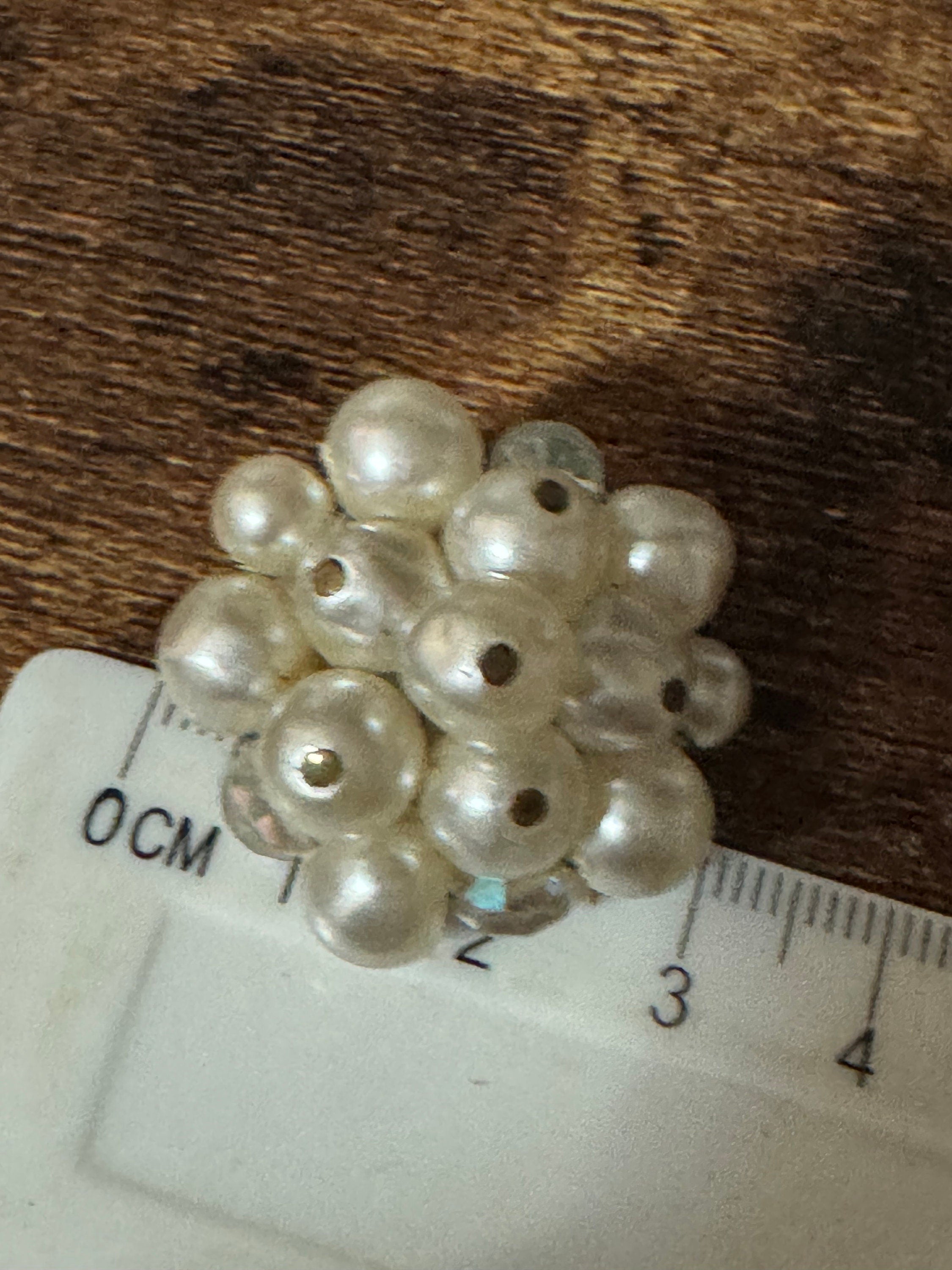 Vintage 1960s clear and white cream pearl floral glass beaded Cluster Clip On Earrings