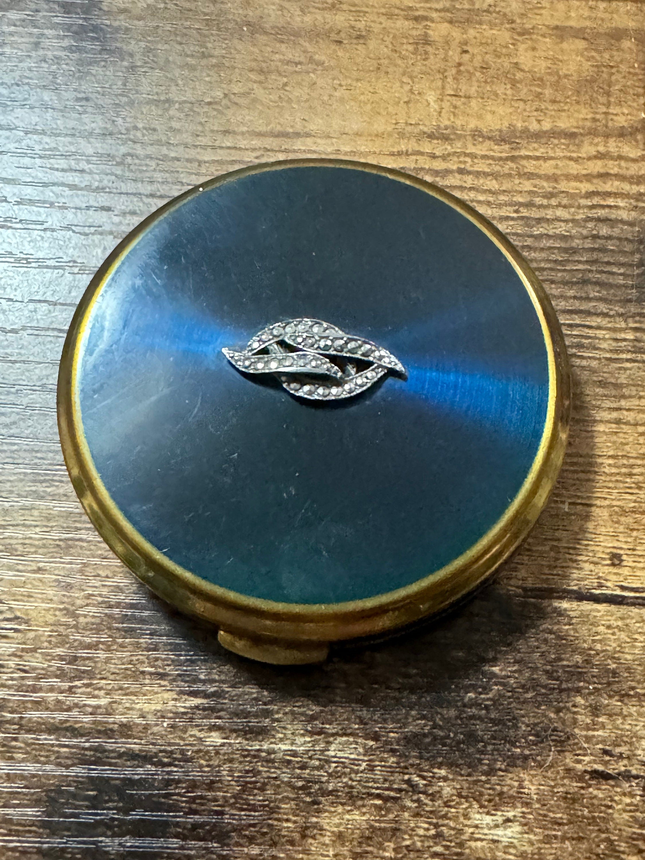 Vintage Powder Compact navy blue Enamel Marcasite Emblem make up cosmetics 1950s max factor