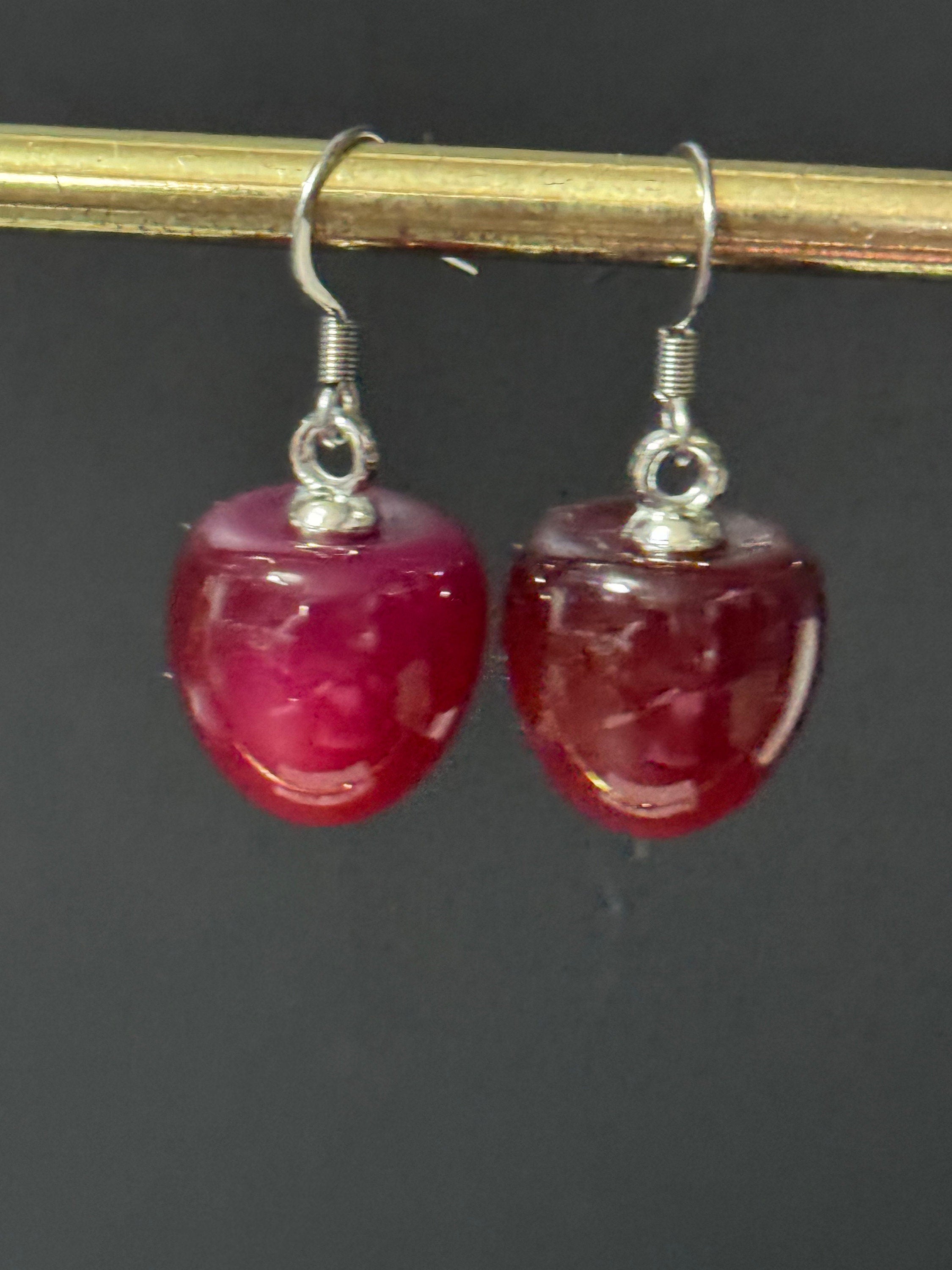 pair of silver tone dark red cherry drop earrings pierced ears