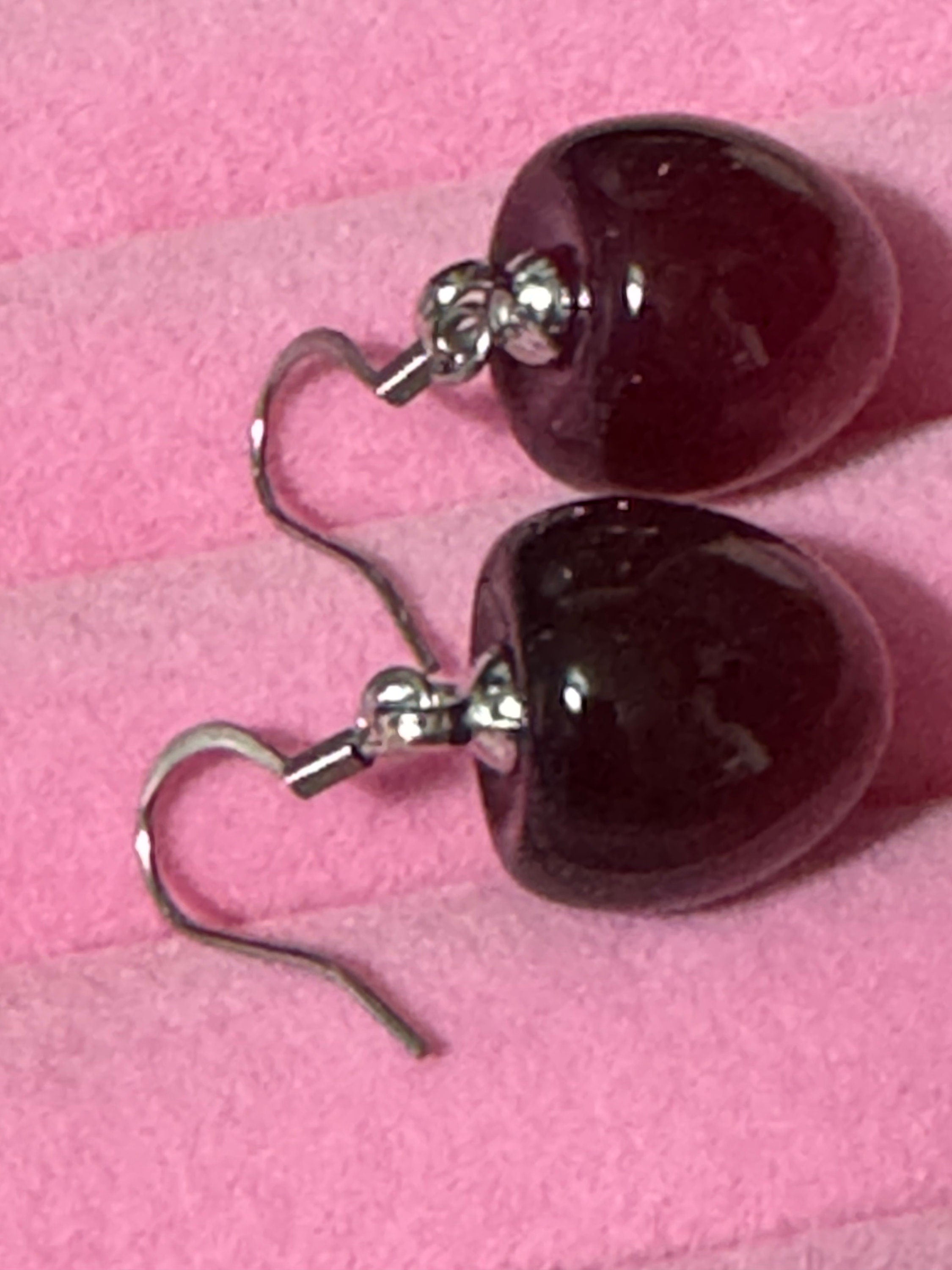 pair of silver tone dark red cherry drop earrings pierced ears