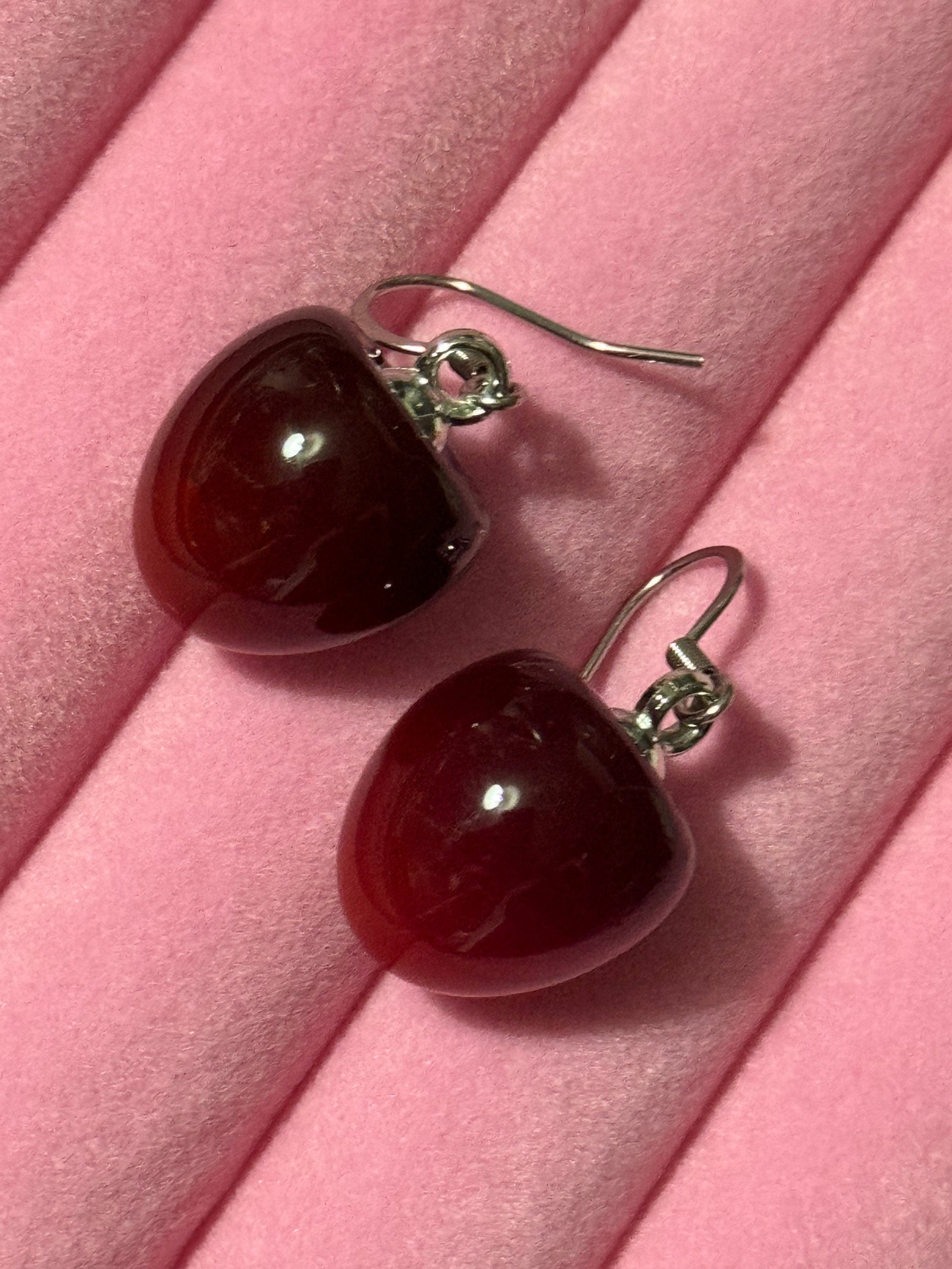 pair of silver tone dark red cherry drop earrings pierced ears