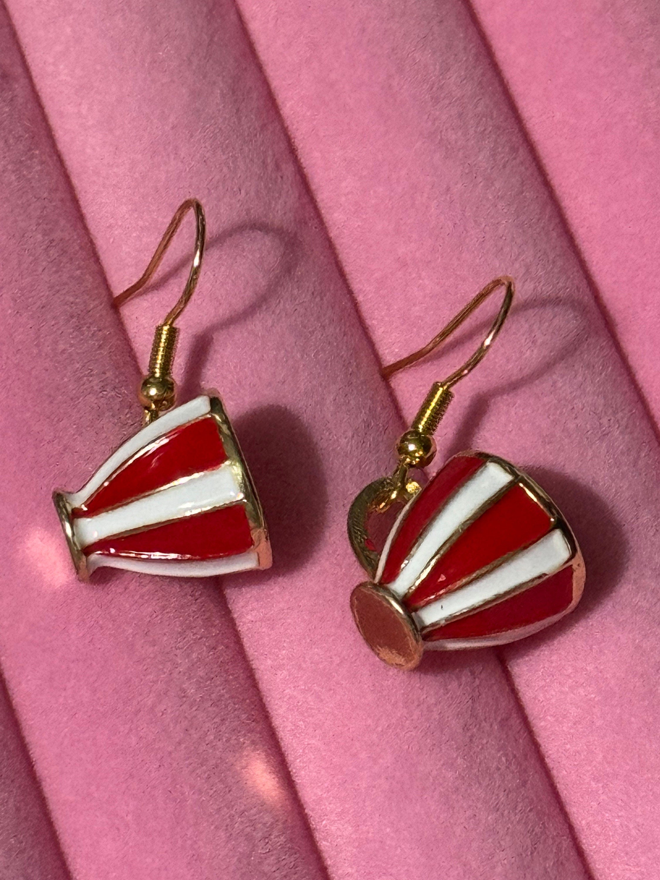 Red and white stripes gilded tea cup novelty drop earrings Vintage tea-party