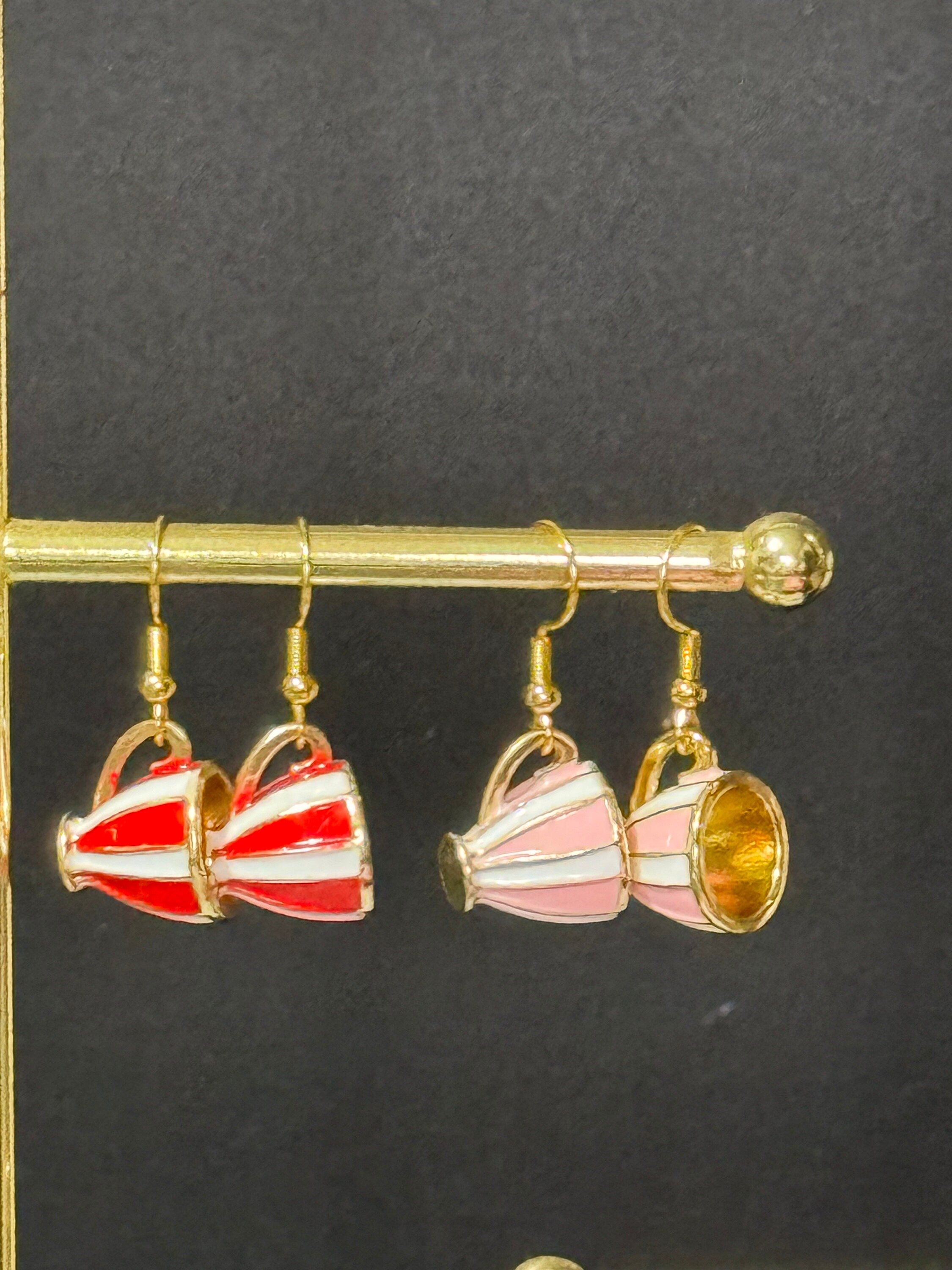 Red and white stripes gilded tea cup novelty drop earrings Vintage tea-party