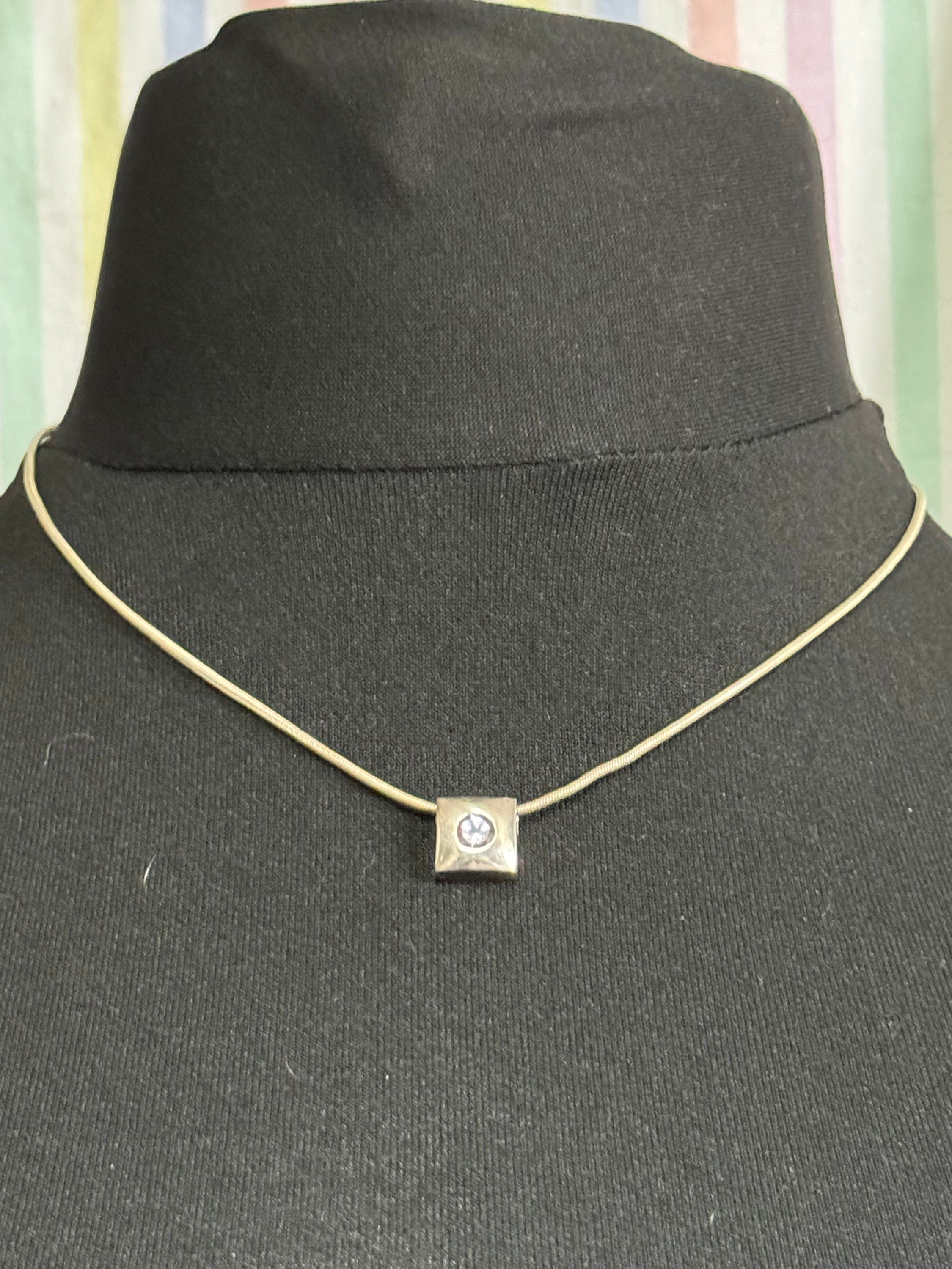 925 sterling silver clear CZ diamanté modernist square boxes pendant on a chain