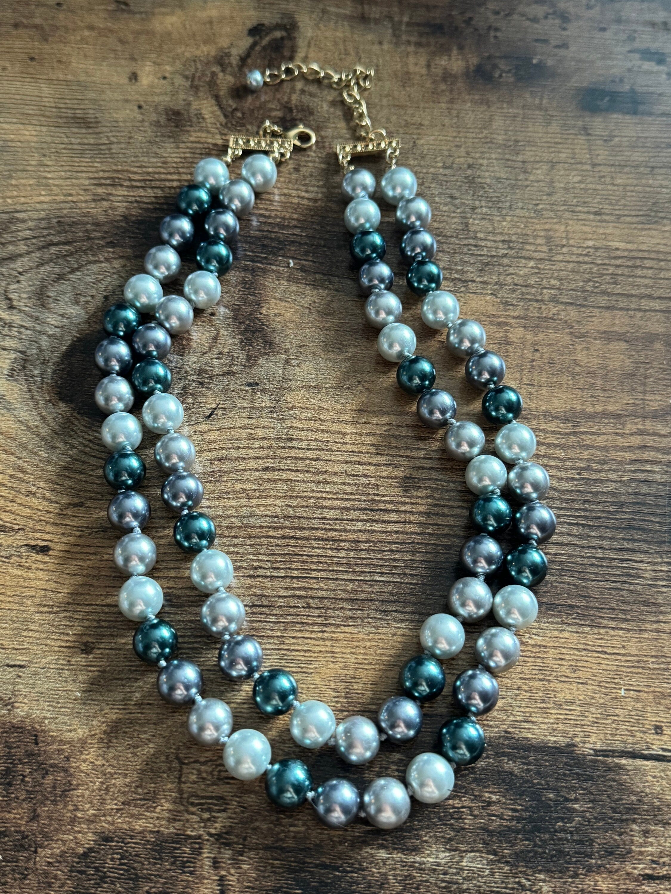 signed KJL grey glass pearl  2 row beaded necklace Kenneth jay lane adjustable