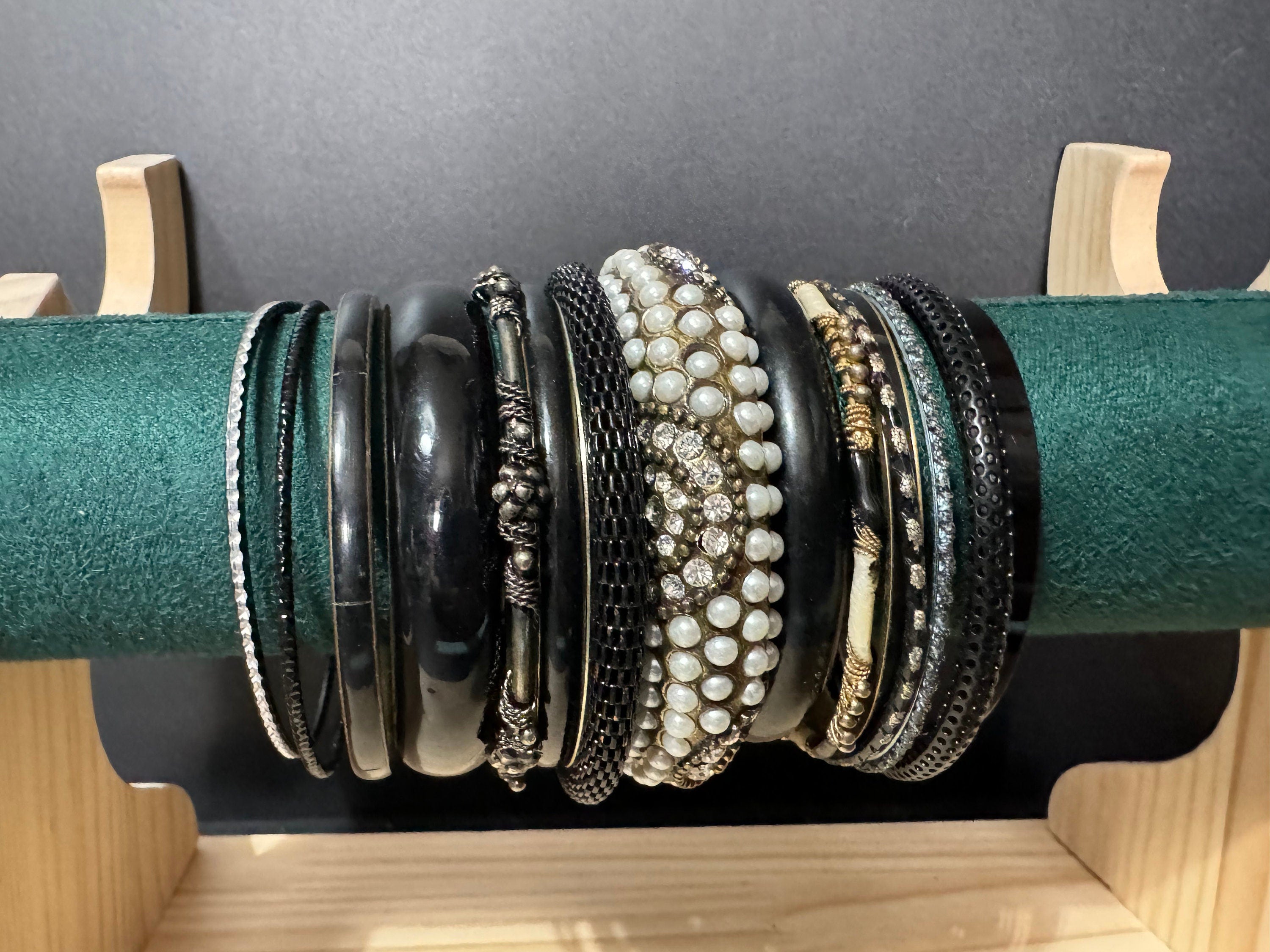 Armful of vintage black and gold tones slim and wide tacking boho bangles