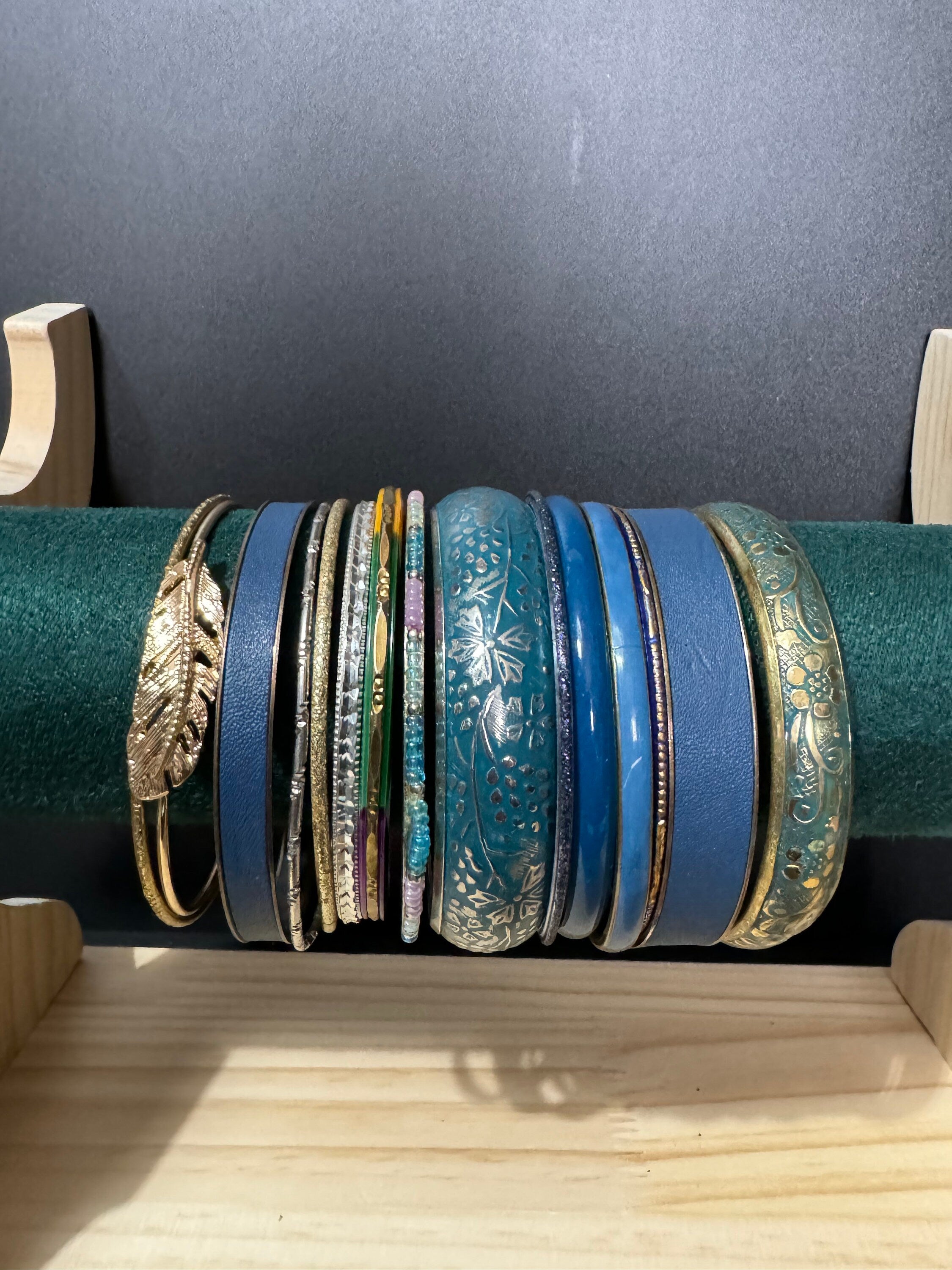 Armful of vintage blue and gold tones slim and wide tacking boho bangles