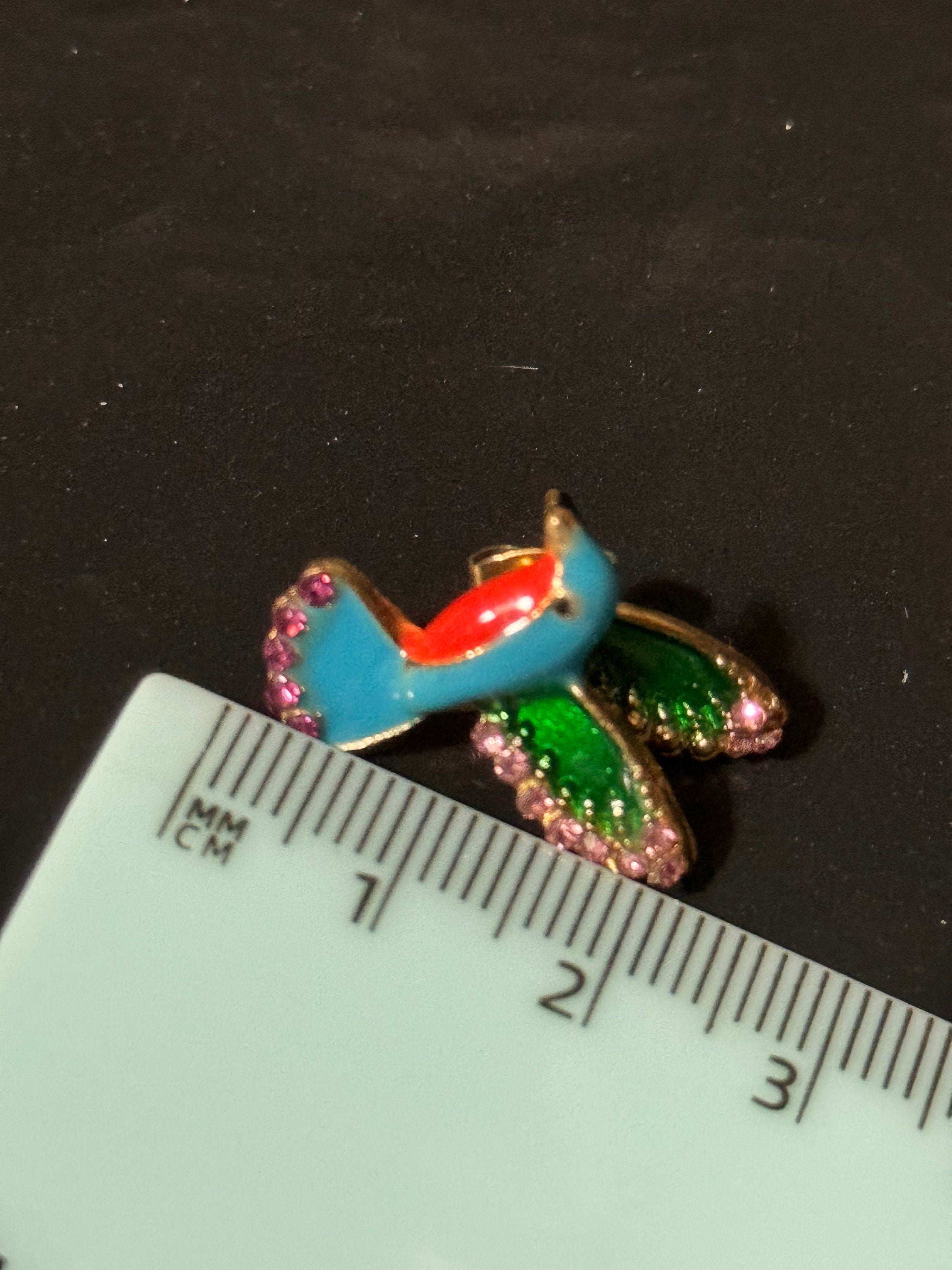 Sweet Turquoise Blue red kingfisher birds enamel pair stud earrings Vintage Gold tone