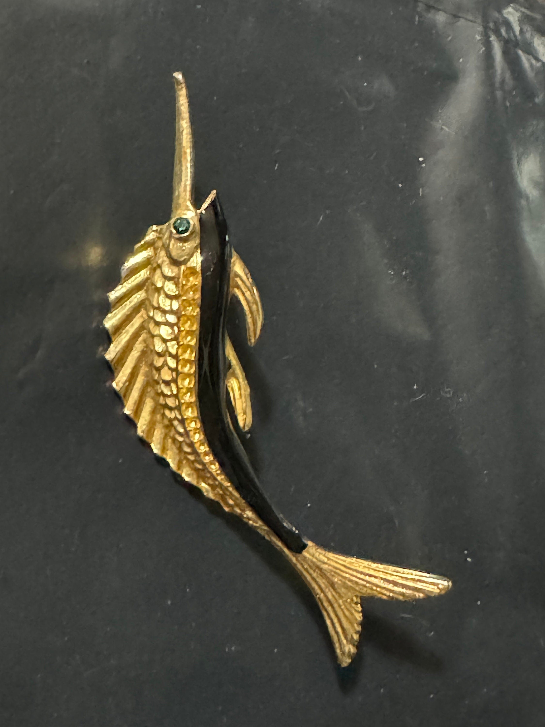 Vintage 1980s Gold Tone Marlin Brooch: Black Enamel, Emerald Green Eyes