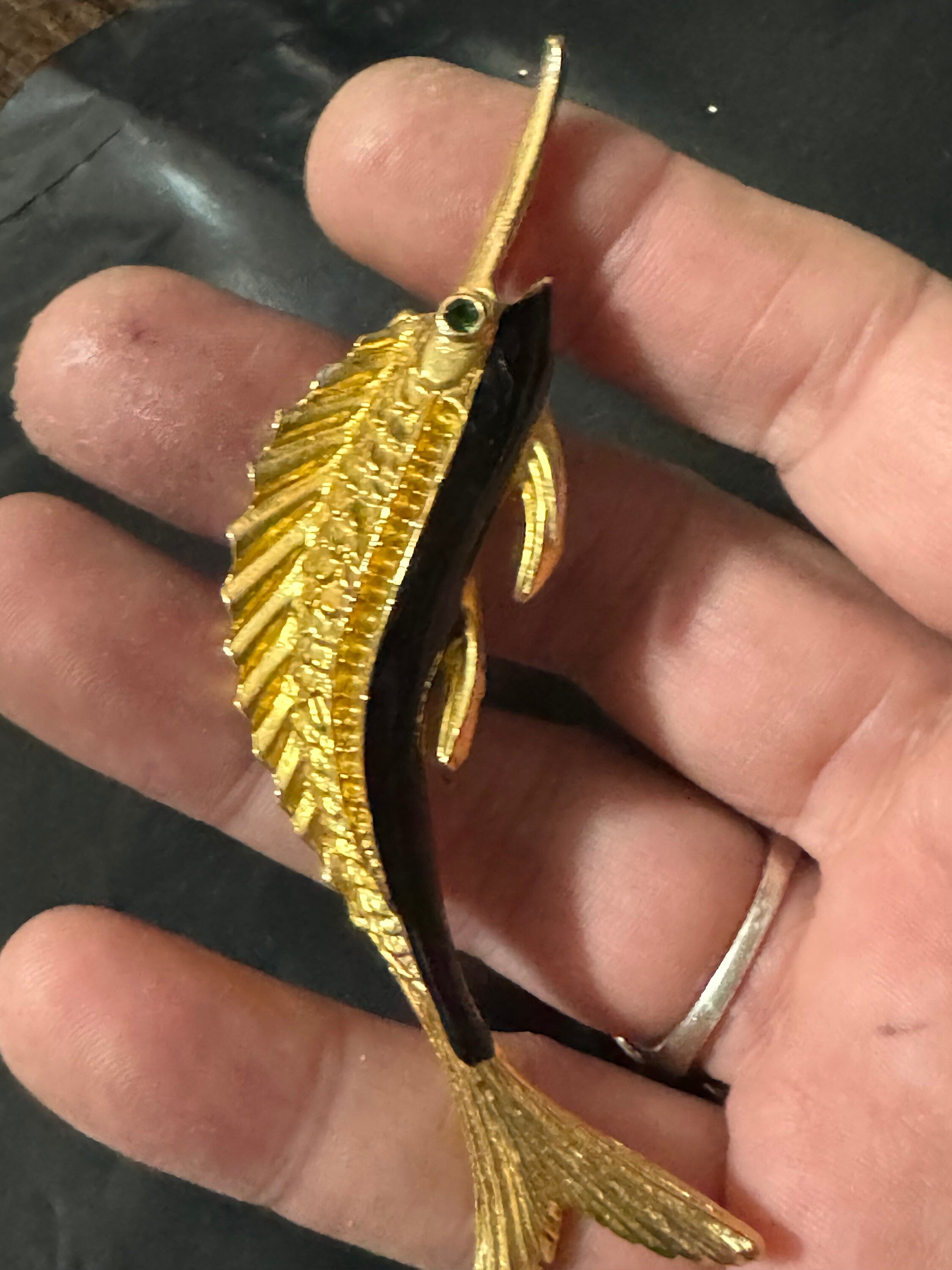 Vintage 1980s Gold Tone Marlin Brooch: Black Enamel, Emerald Green Eyes