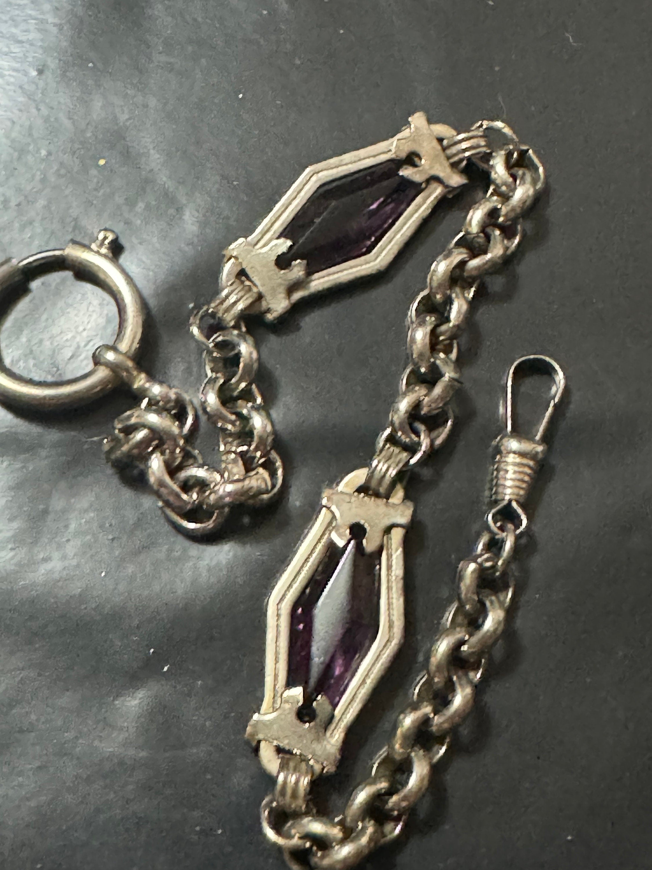 Antique Jakob Bengel deep purple glass art deco pocket watch chain 25cm chrome plated silver metal old shop stock Germany
