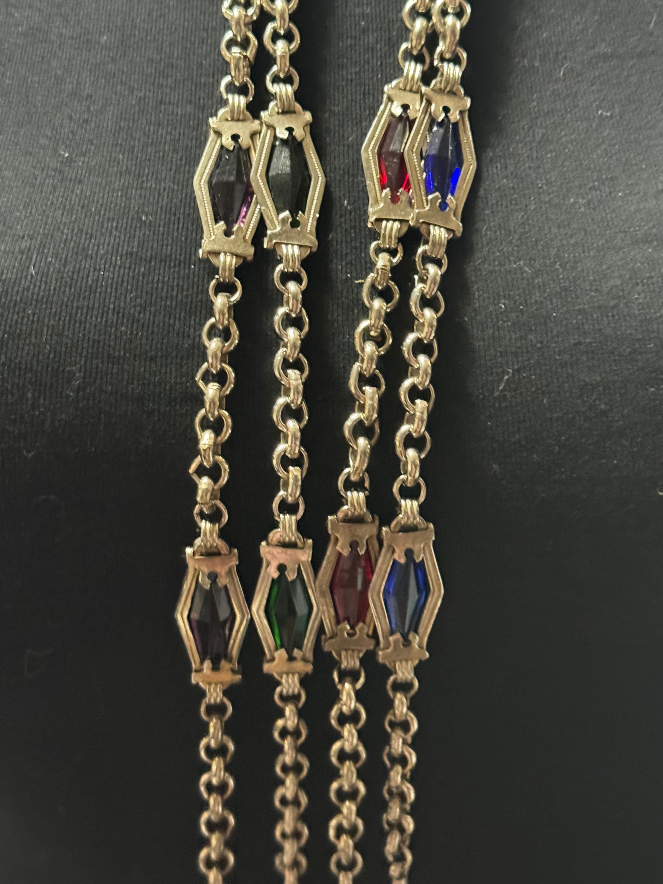 Antique Jakob Bengel deep purple glass art deco pocket watch chain 25cm chrome plated silver metal old shop stock Germany