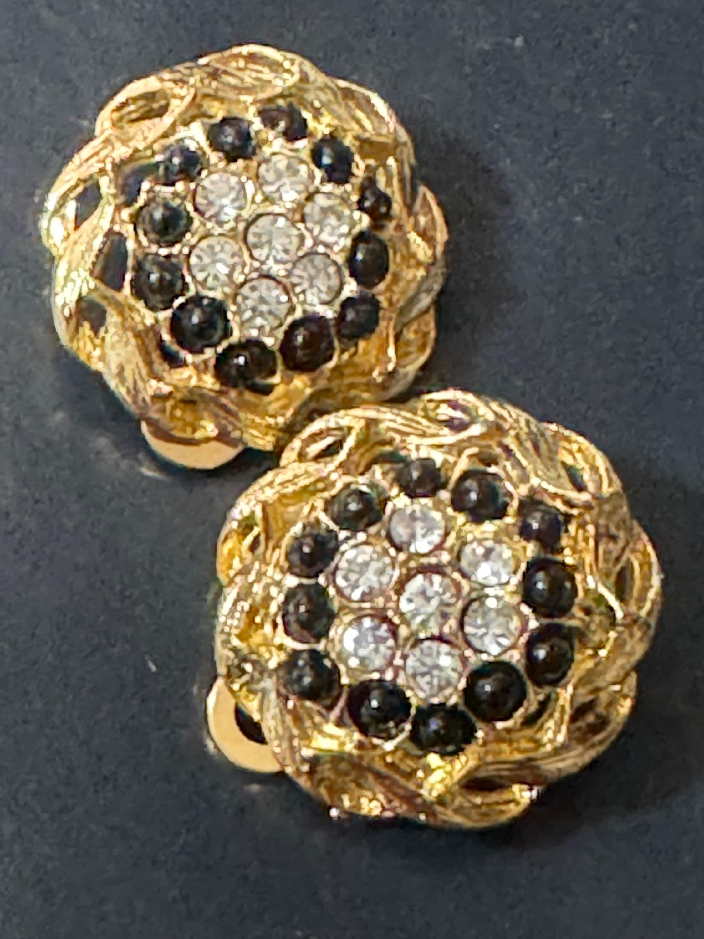 Vintage 1970s Diamanté Clip On Earrings: Black & Clear Rhinestone Studs