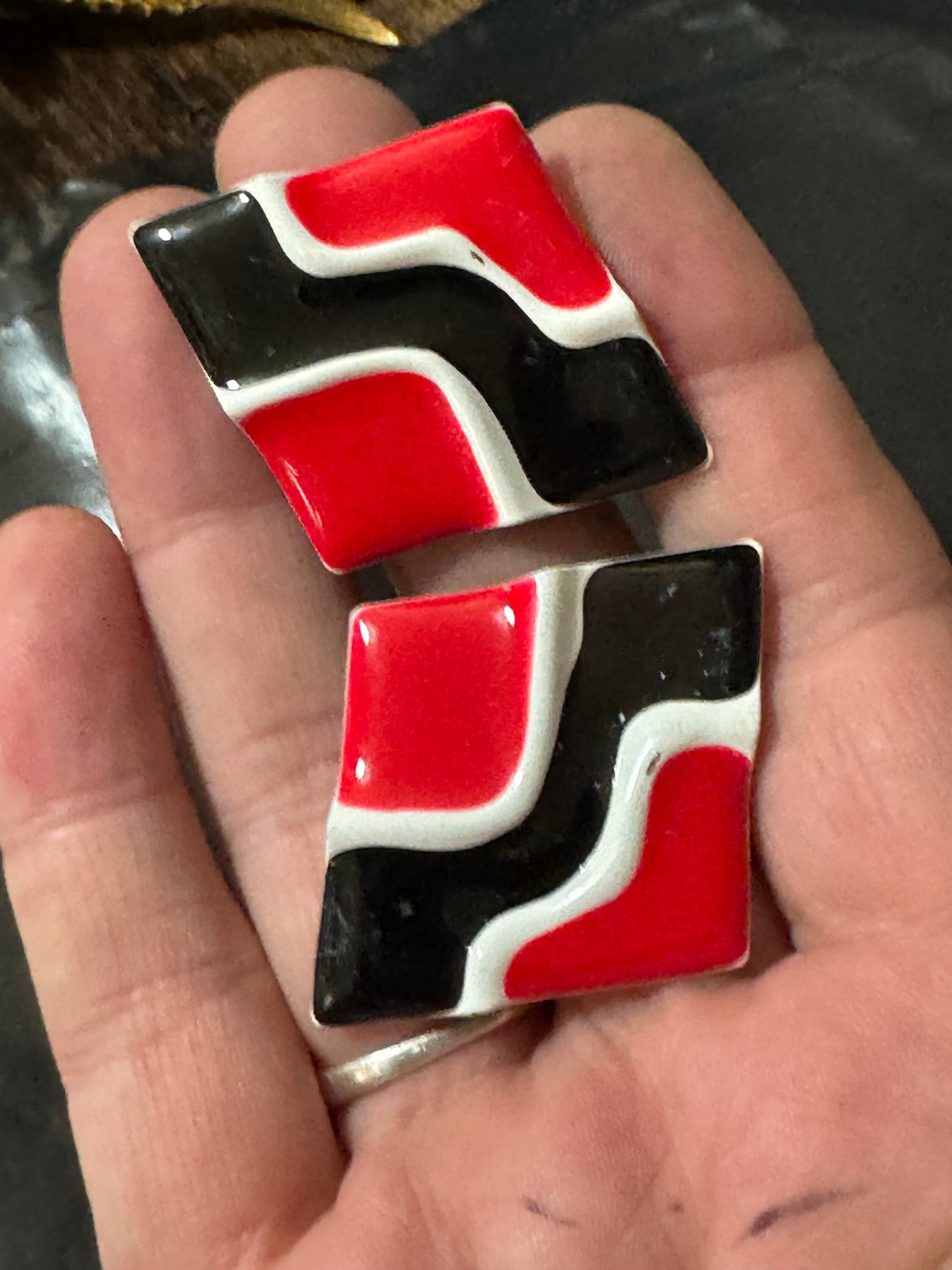 Vintage black red white enamel large diamond shaped oversized stud earrings for pierced ears old retro shop stock