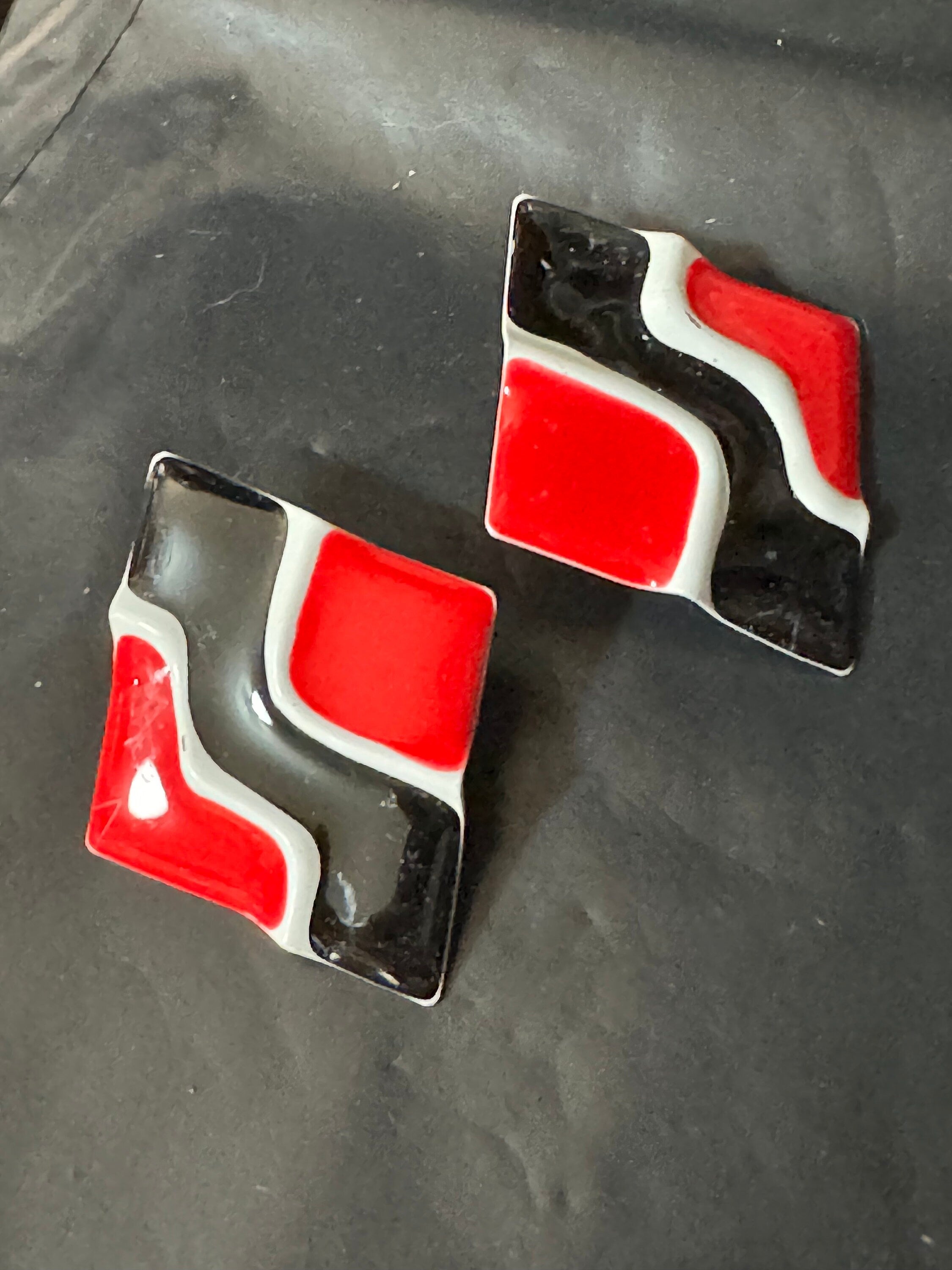 Vintage black red white enamel large diamond shaped oversized stud earrings for pierced ears old retro shop stock