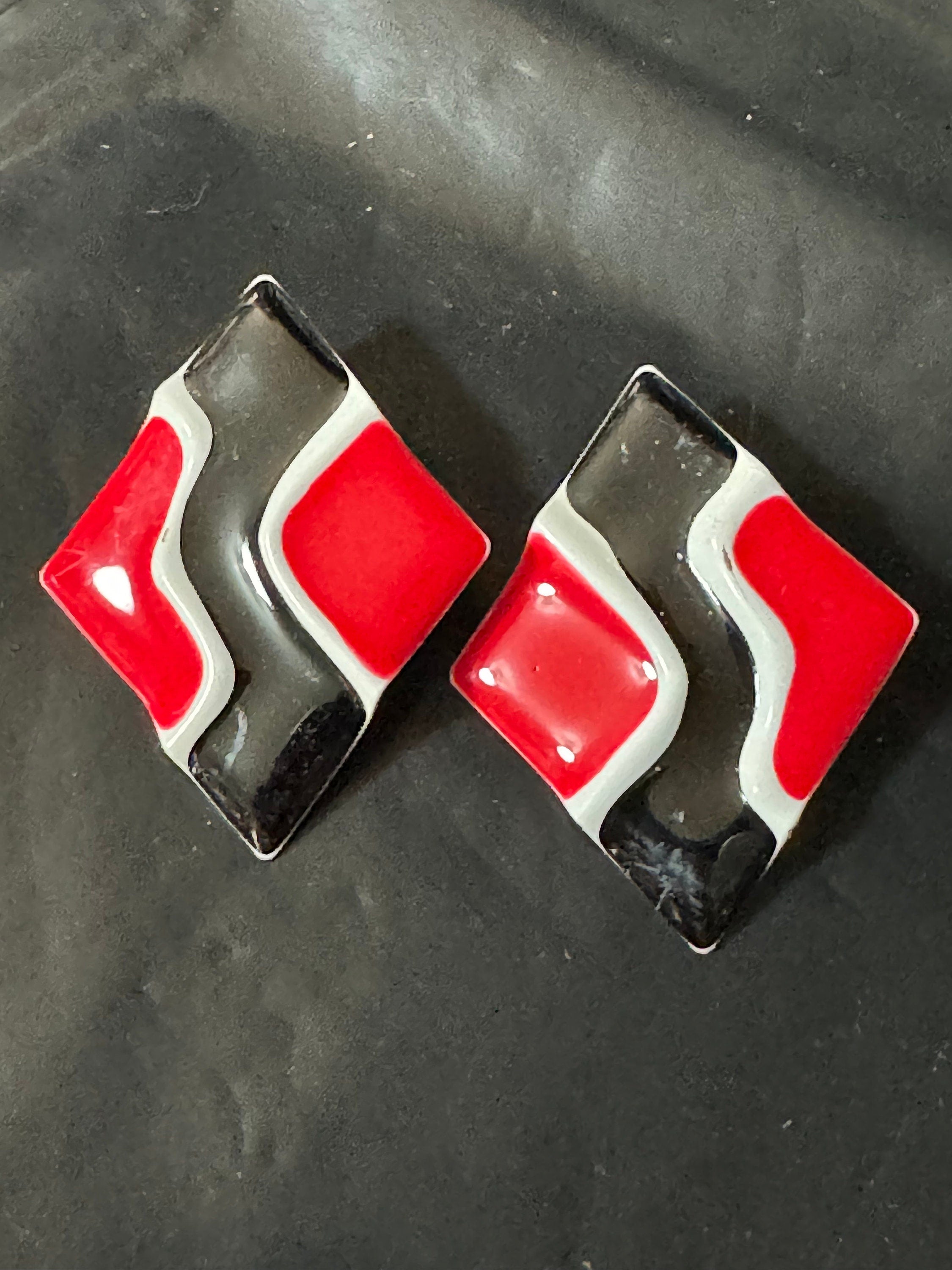 Vintage black red white enamel large diamond shaped oversized stud earrings for pierced ears old retro shop stock