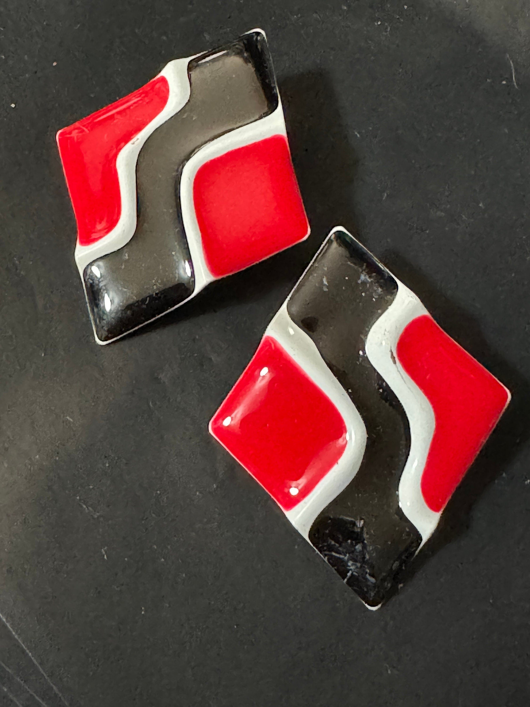 Vintage black red white enamel large diamond shaped oversized stud earrings for pierced ears old retro shop stock