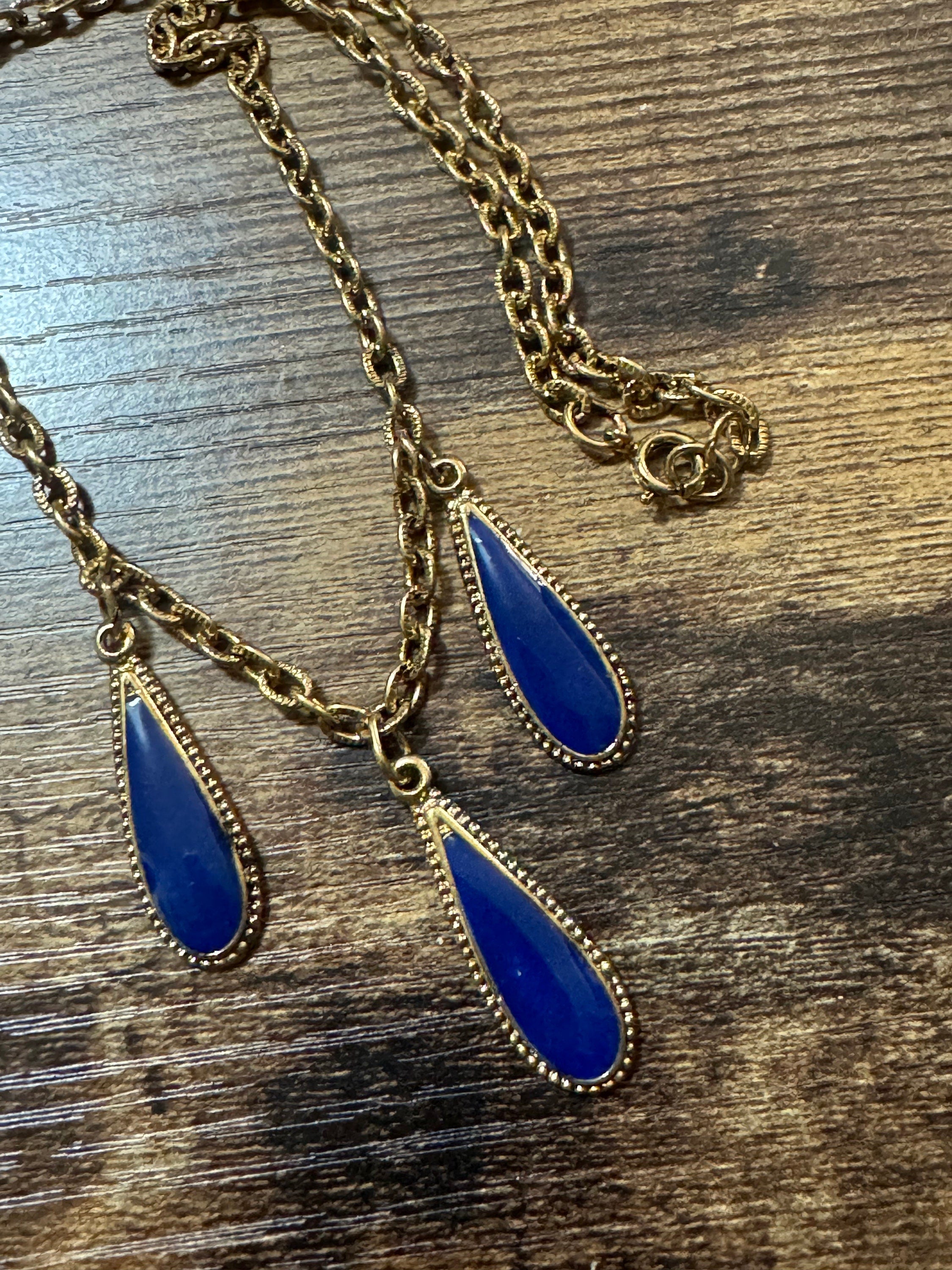 vintage blue enamel teardrop gold tone necklace
