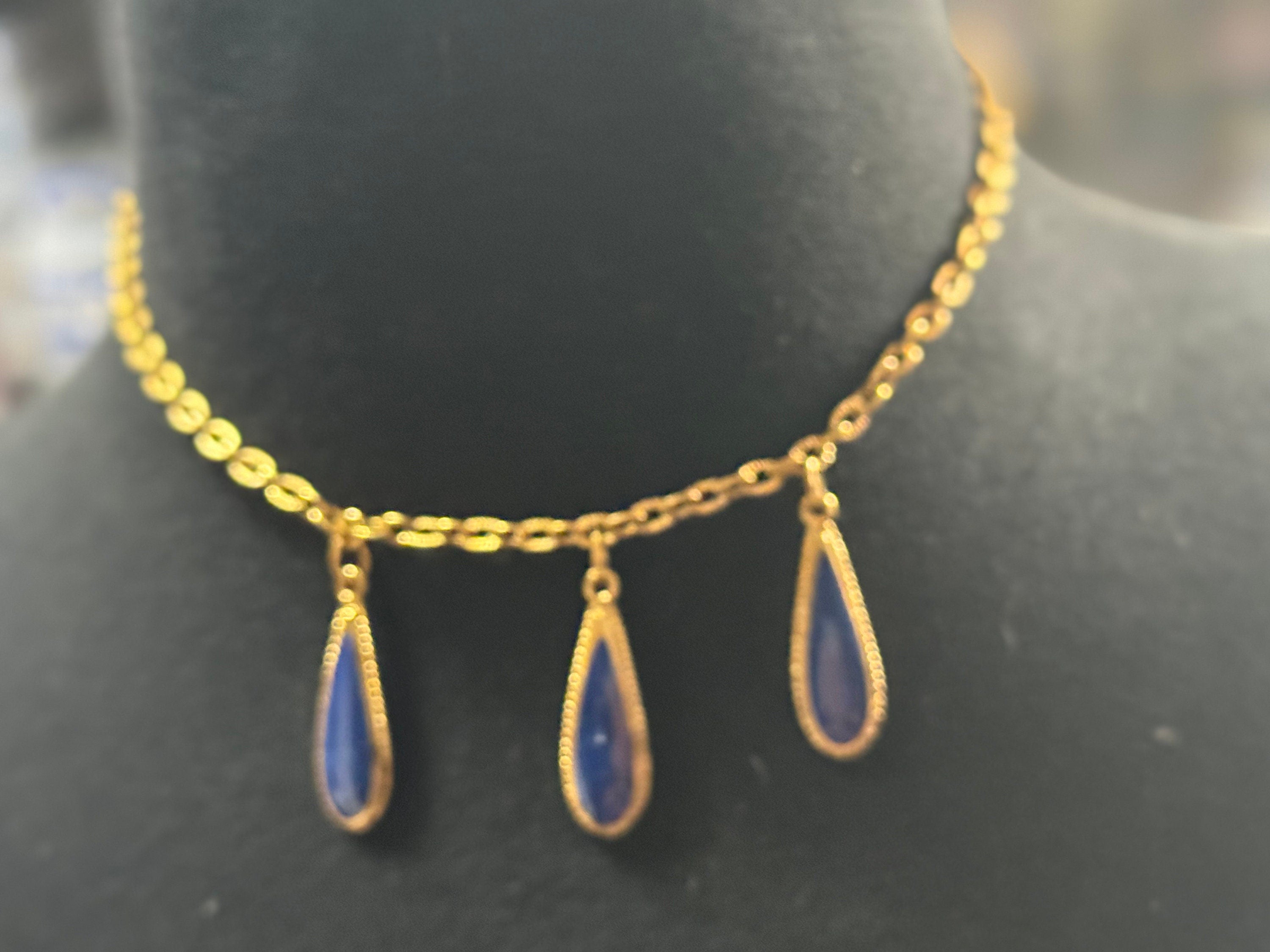 vintage blue enamel teardrop gold tone necklace