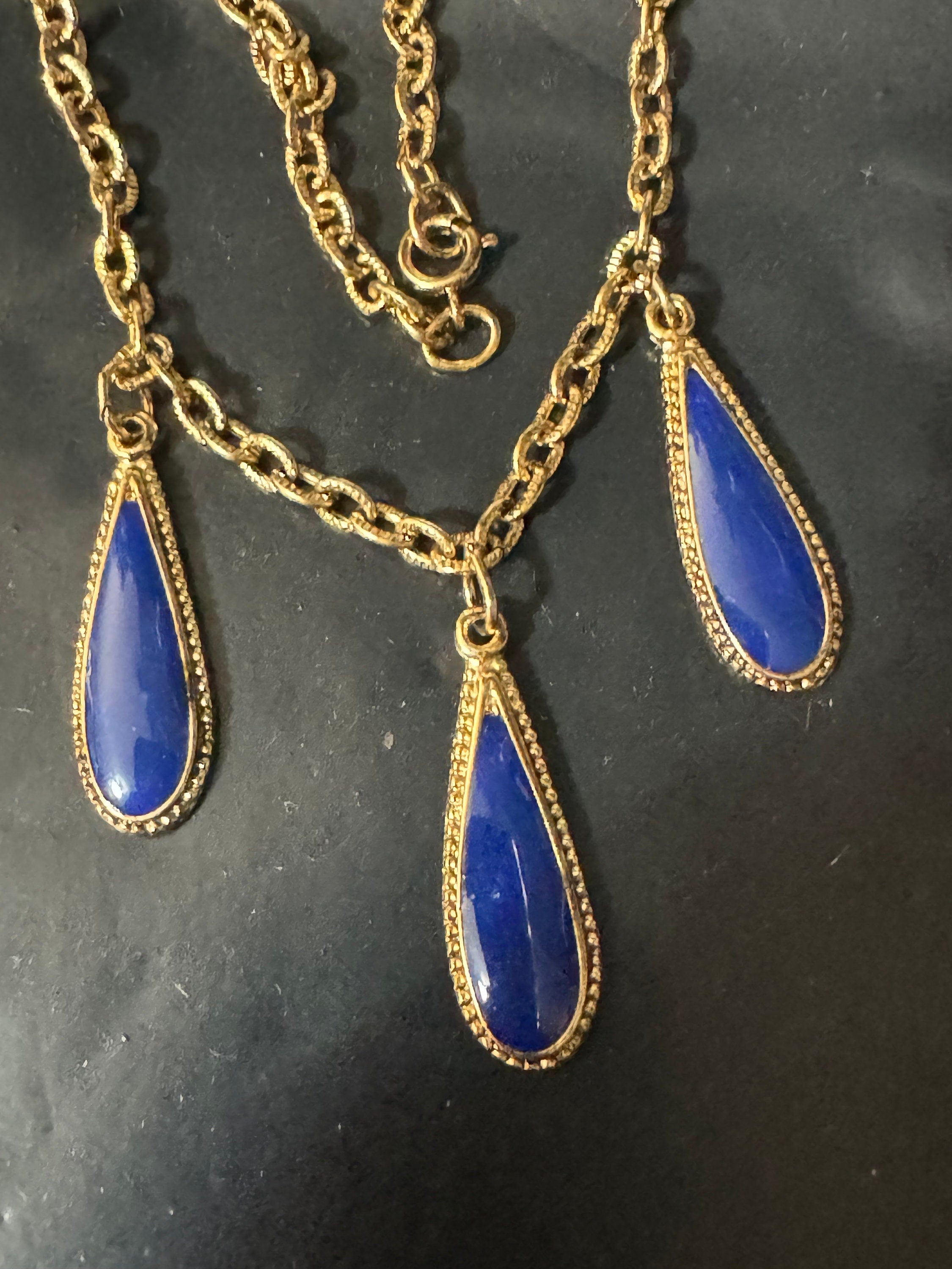 vintage blue enamel teardrop gold tone necklace