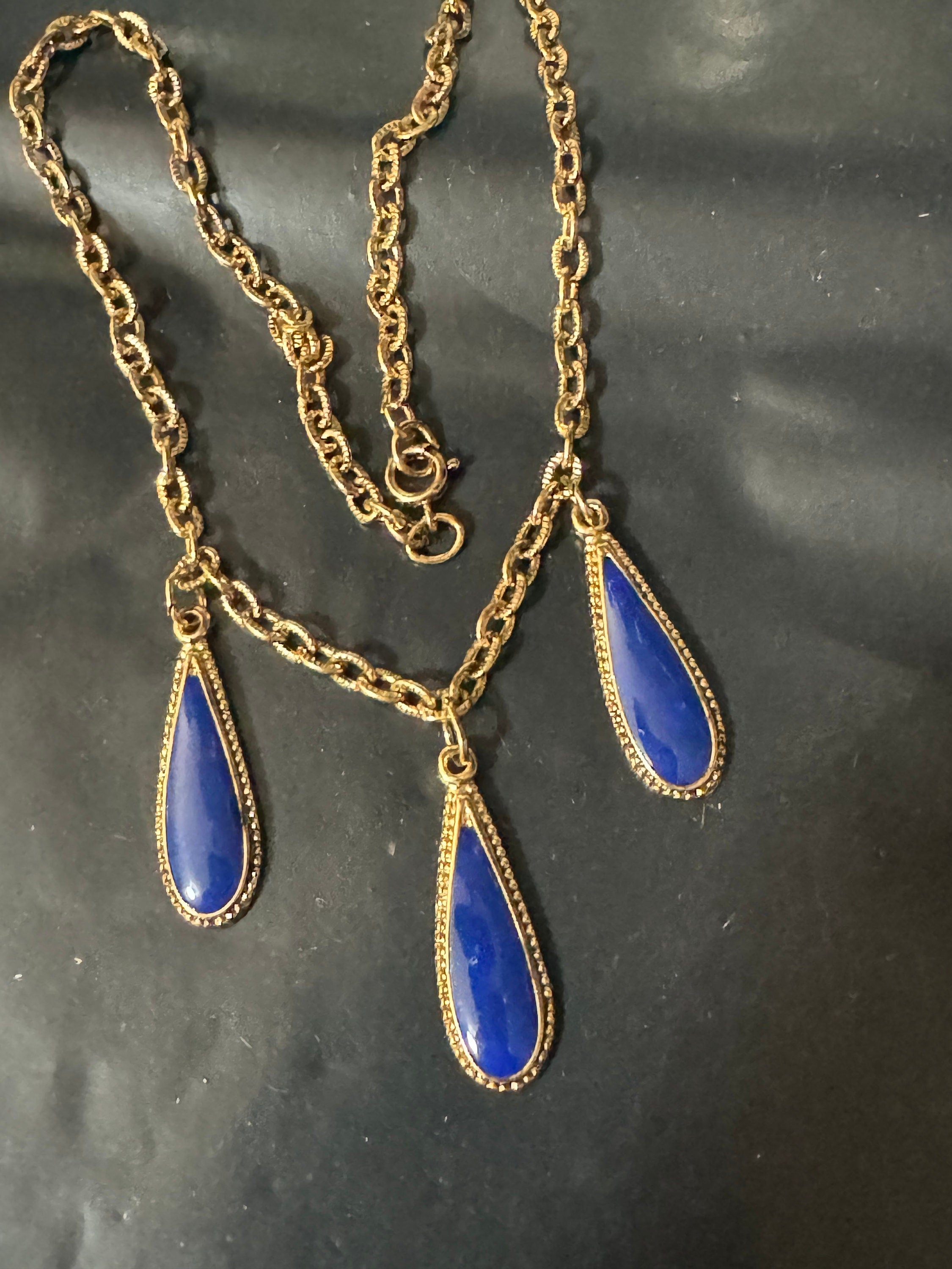 vintage blue enamel teardrop gold tone necklace