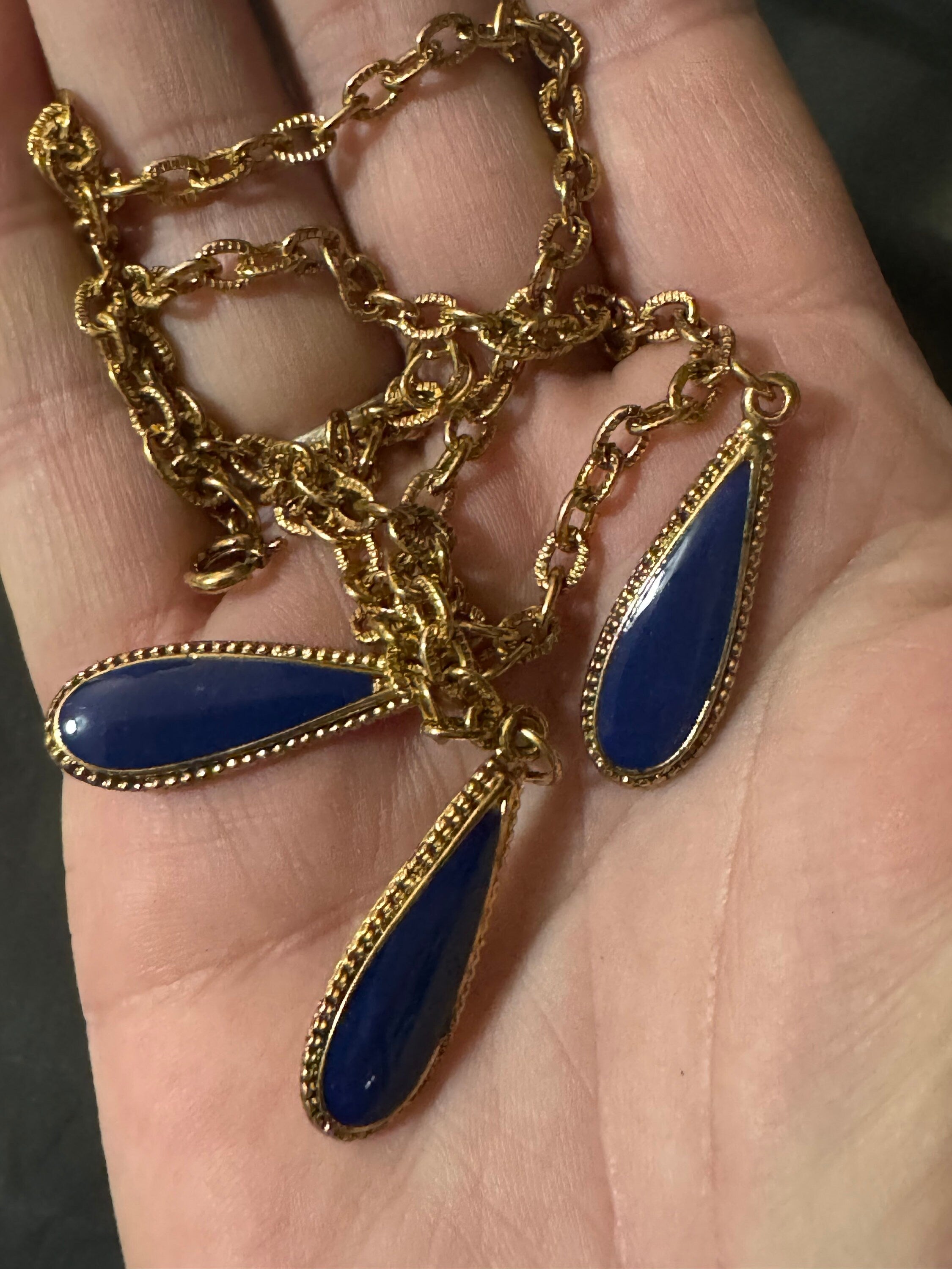 vintage blue enamel teardrop gold tone necklace