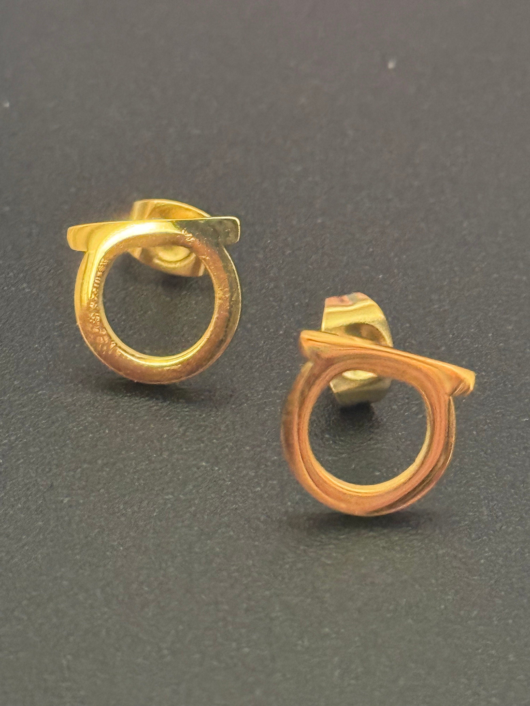 Signed salvatore ferragamo Italian small gold plated stud earrings for pierced ears
