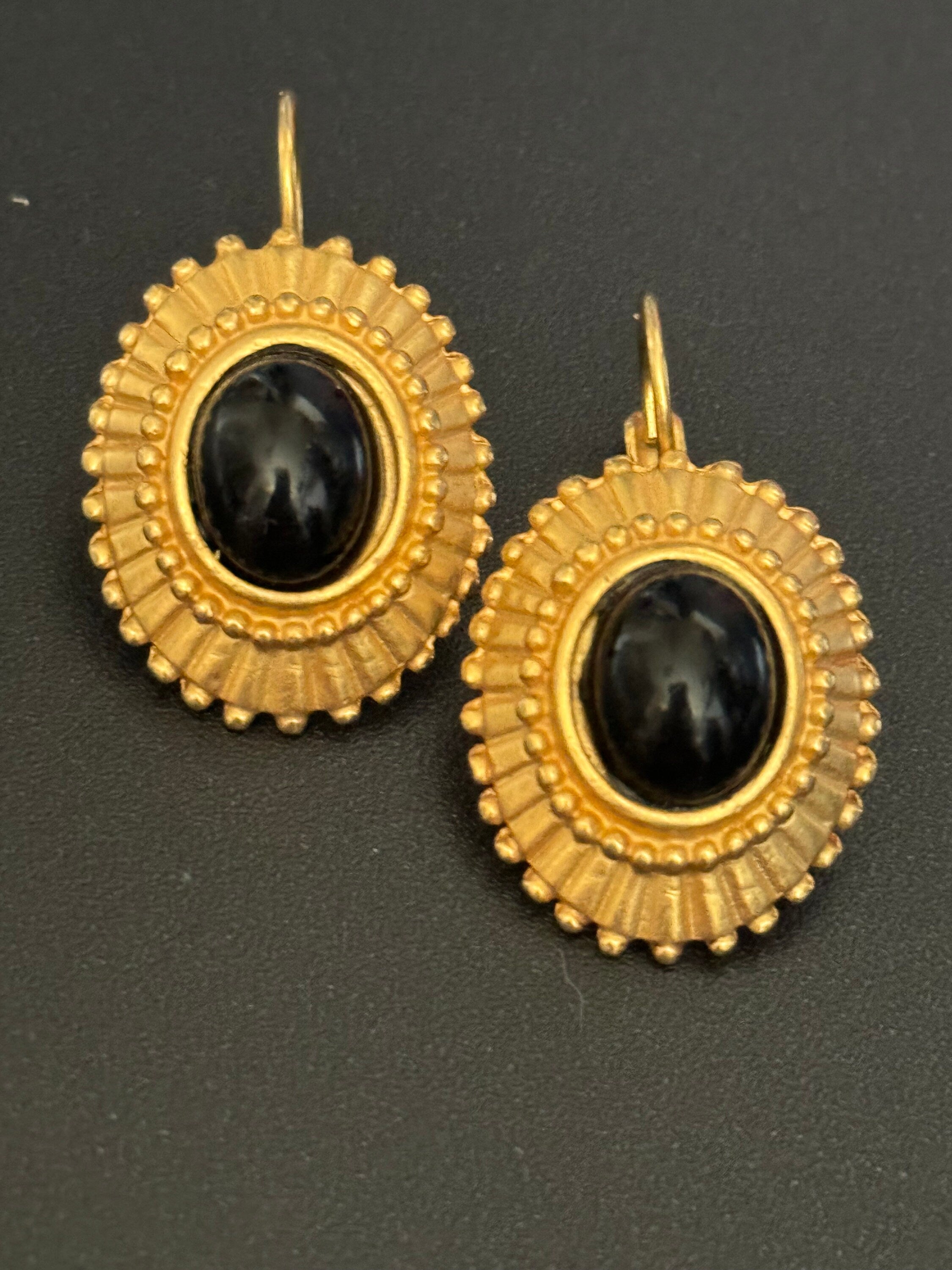 Signed Gold Ornate Black Cabochon Earrings: Etruscan Style
