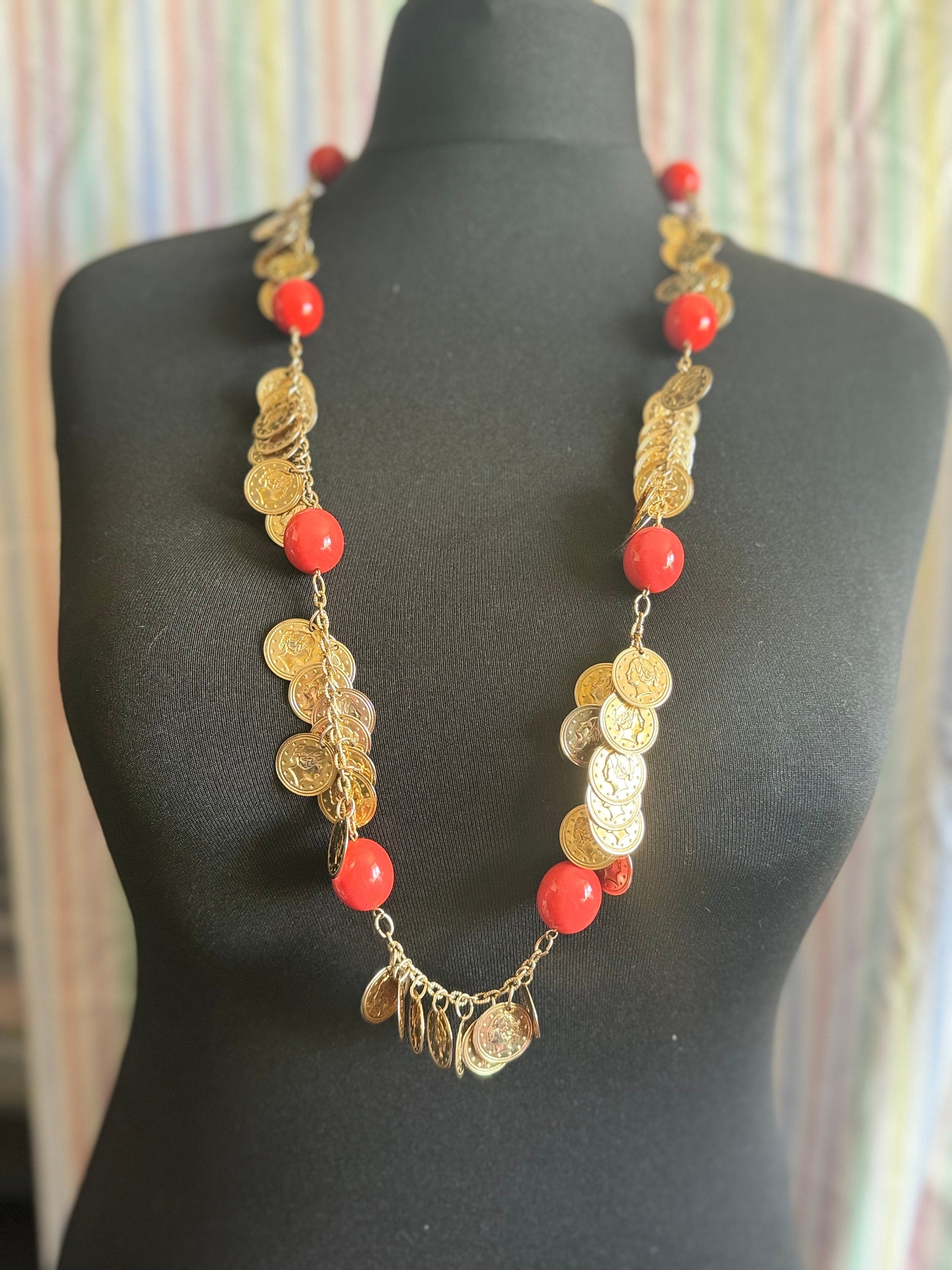 Vintage Castlecliff Orange Beaded Coin Necklace & Earrings Set