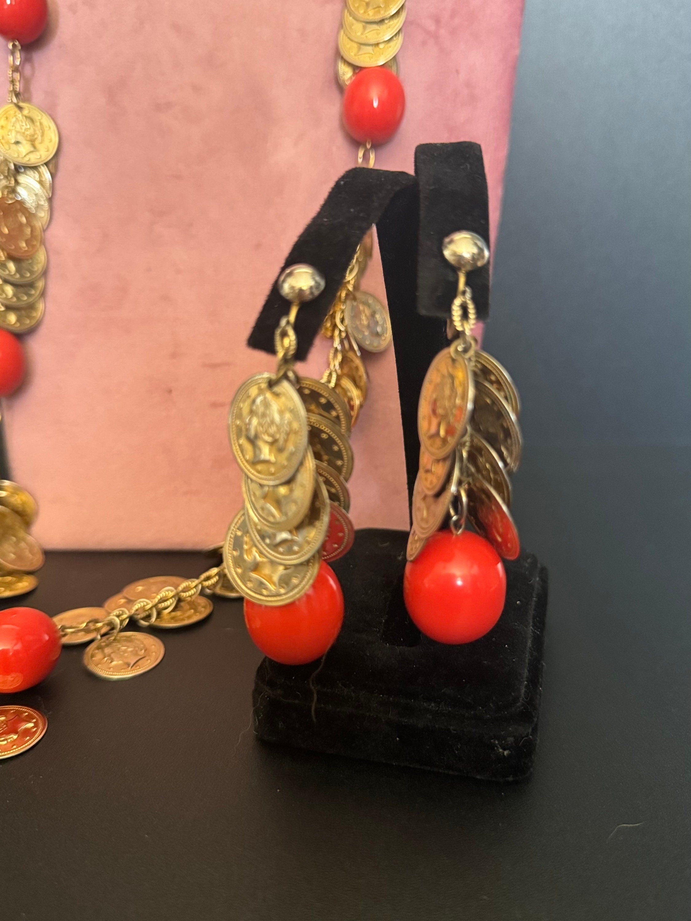 Vintage Castlecliff Orange Beaded Coin Necklace & Earrings Set