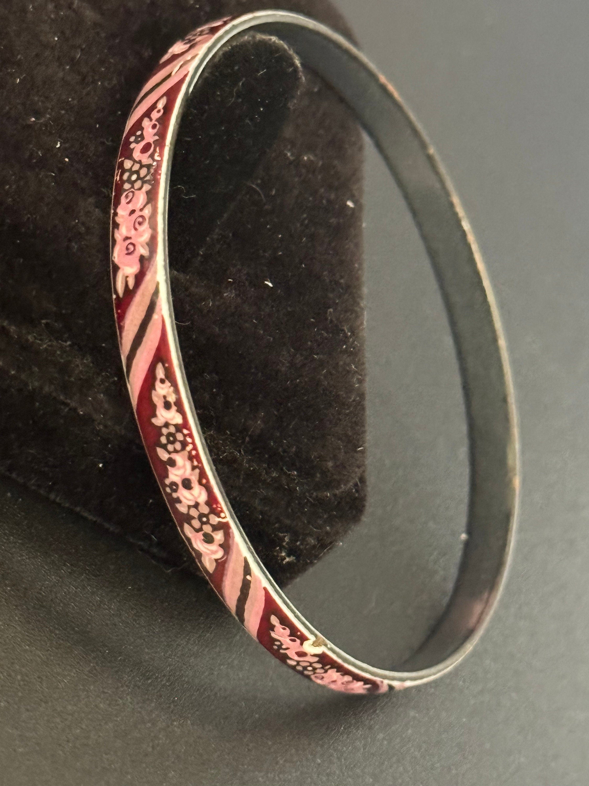 Austrian Vintage Michaela Frey Pink and dark red enamel antique style floral bangle from Austria